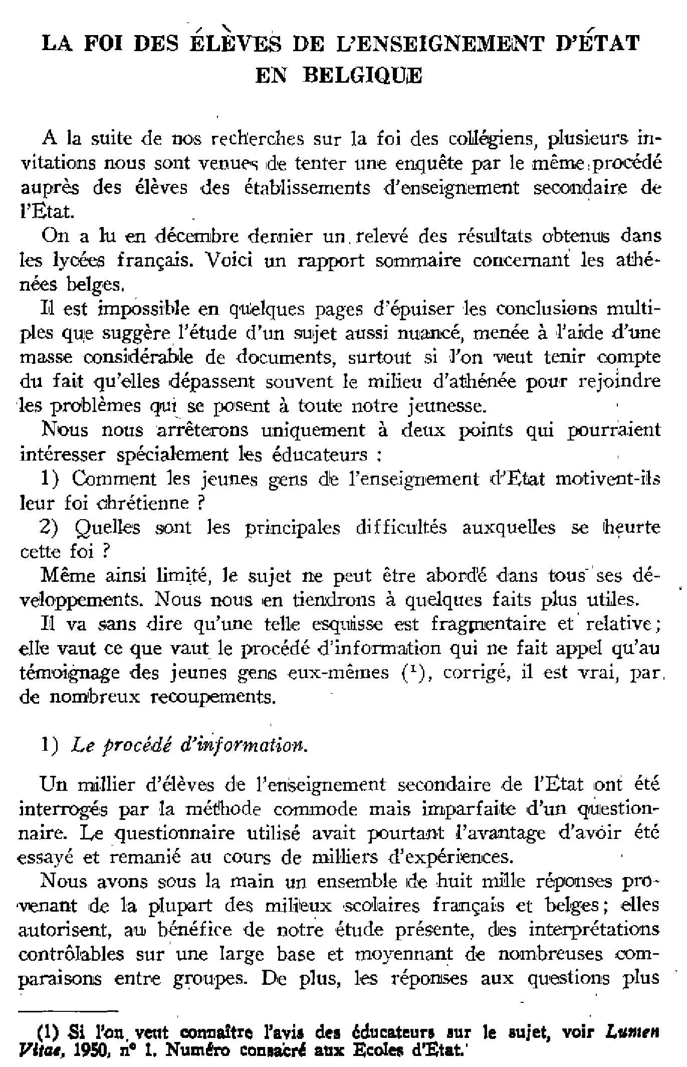 La foi des élèves de l'enseignement d'État en Belgique