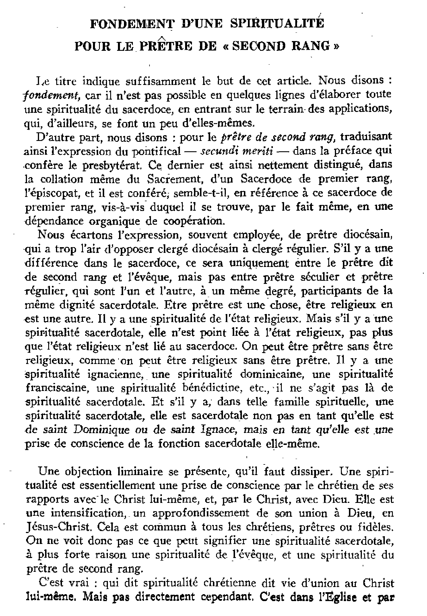 Fondement d'une spiritualité pour le prêtre de « second rang »