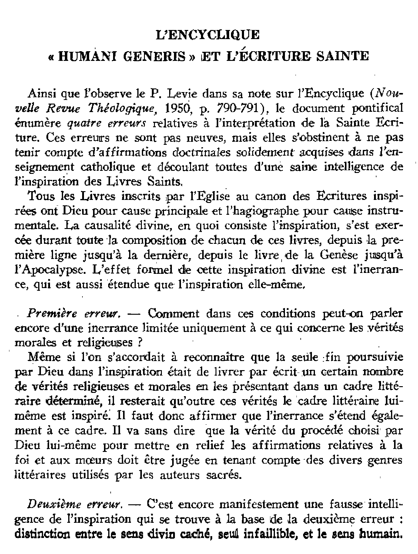 L'encyclique « Humani Generis » et l'Écriture Sainte