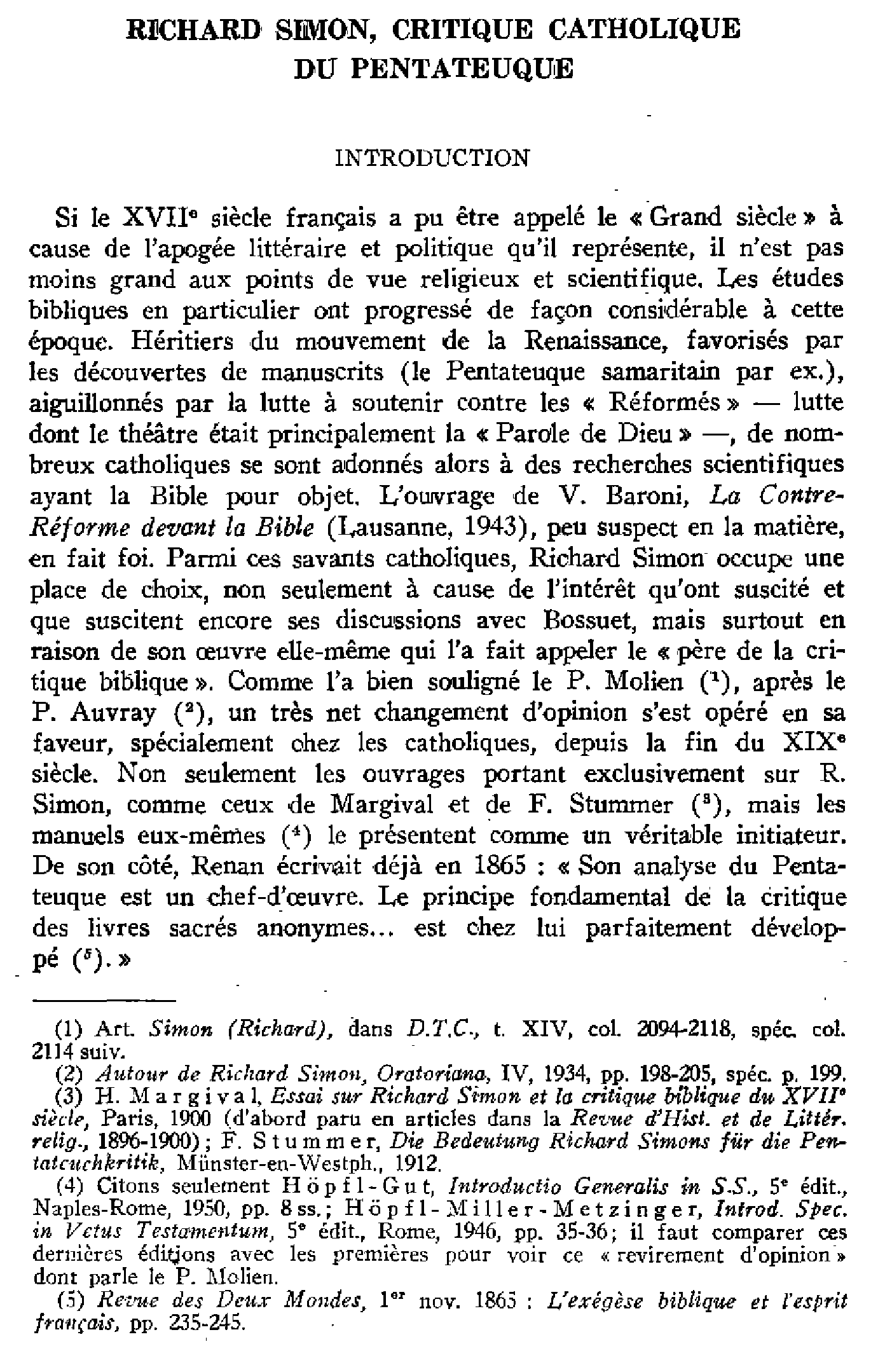 Richard Simon, critique catholique du Pentateuque