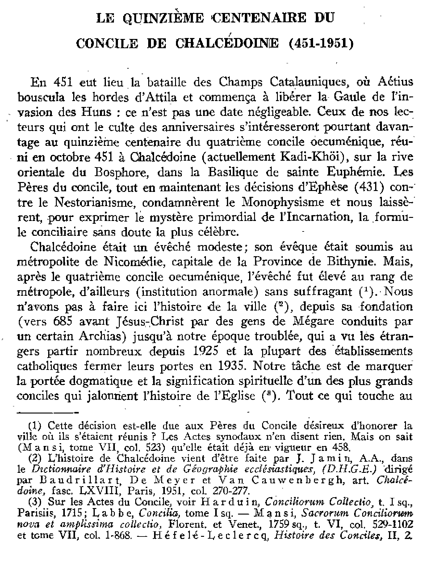 Le quinzième centenaire du Concile de Chalcédoine (451-1951)