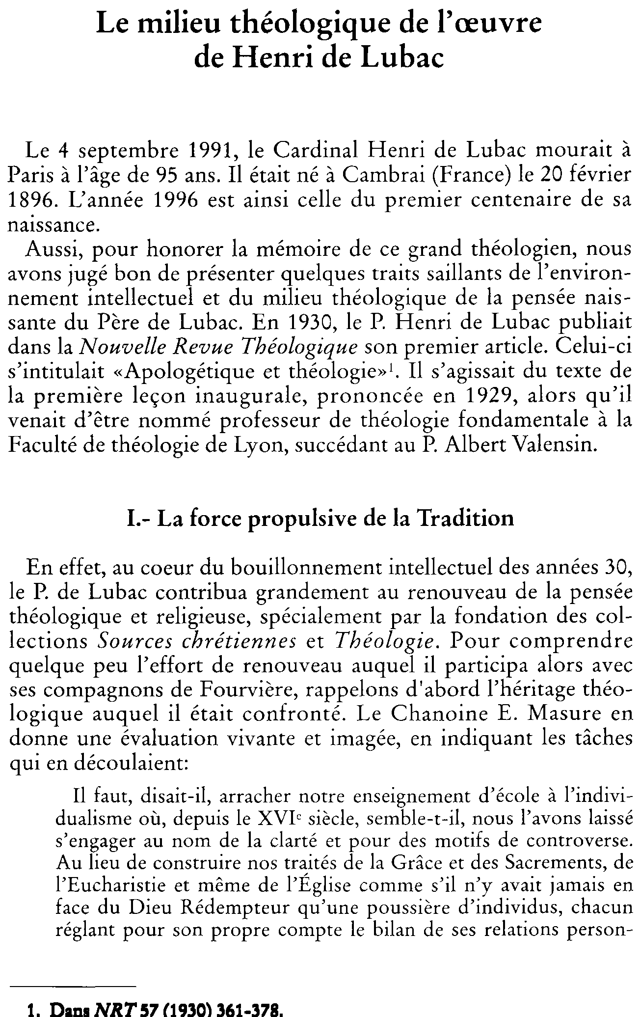 Le milieu théologique de l'oeuvre de Henri de Lubac