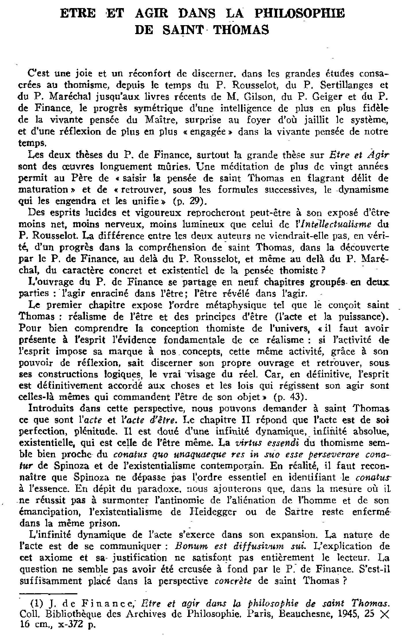 Être et agir dans la philosophie de Saint Thomas