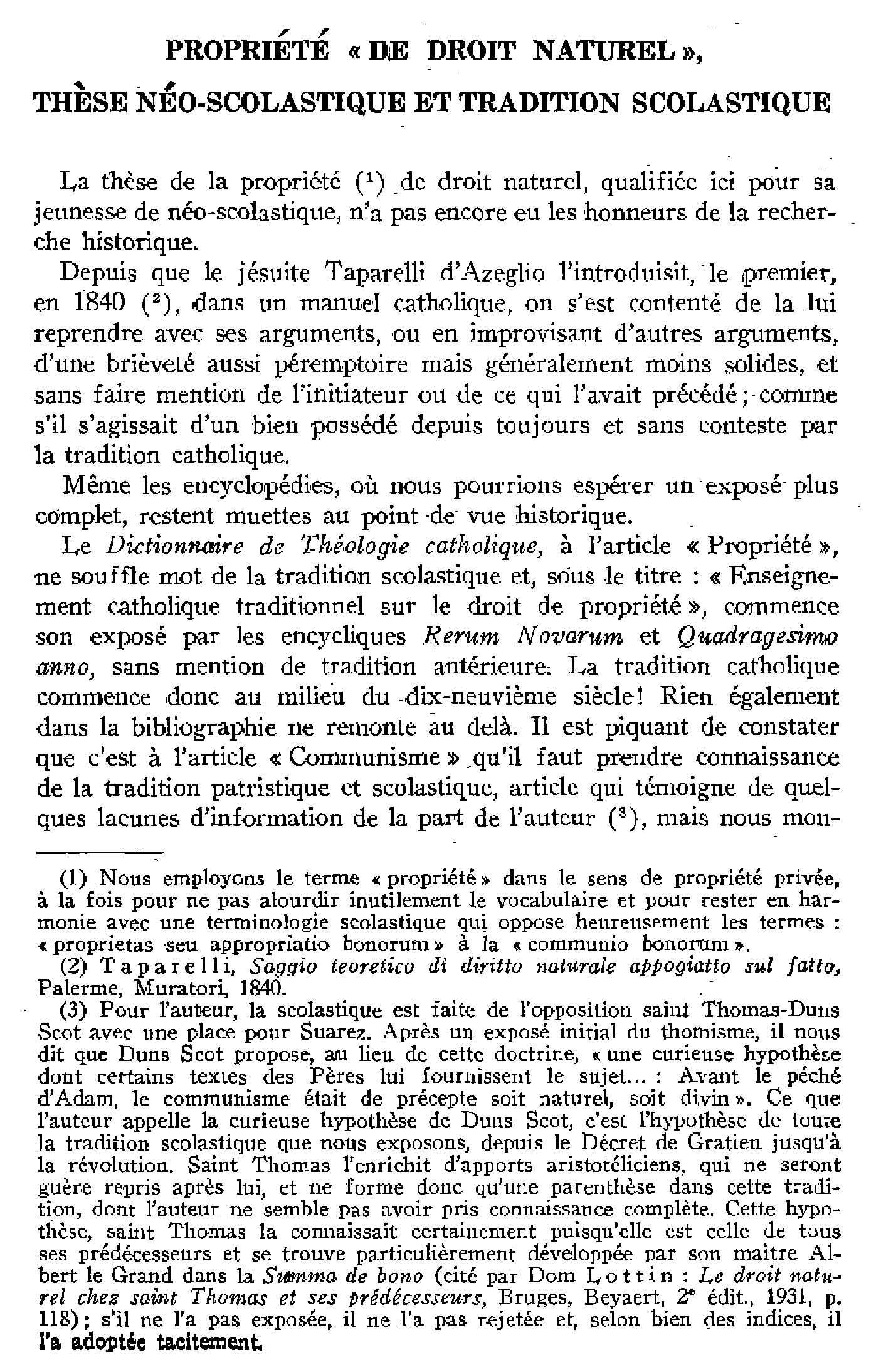 Propriété « de droit naturel ». Thèse néo-scolastique et tradition scolastique