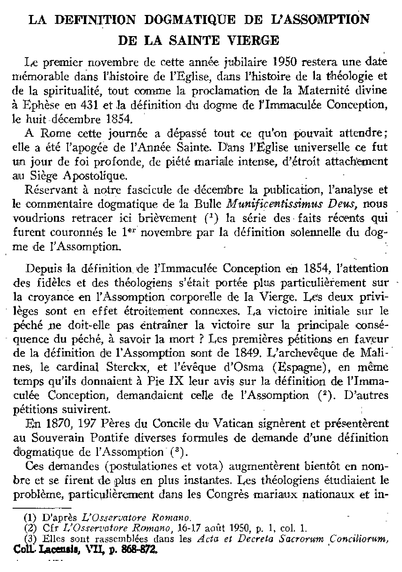 La définition dogmatique de l'assomption de la Sainte Vierge