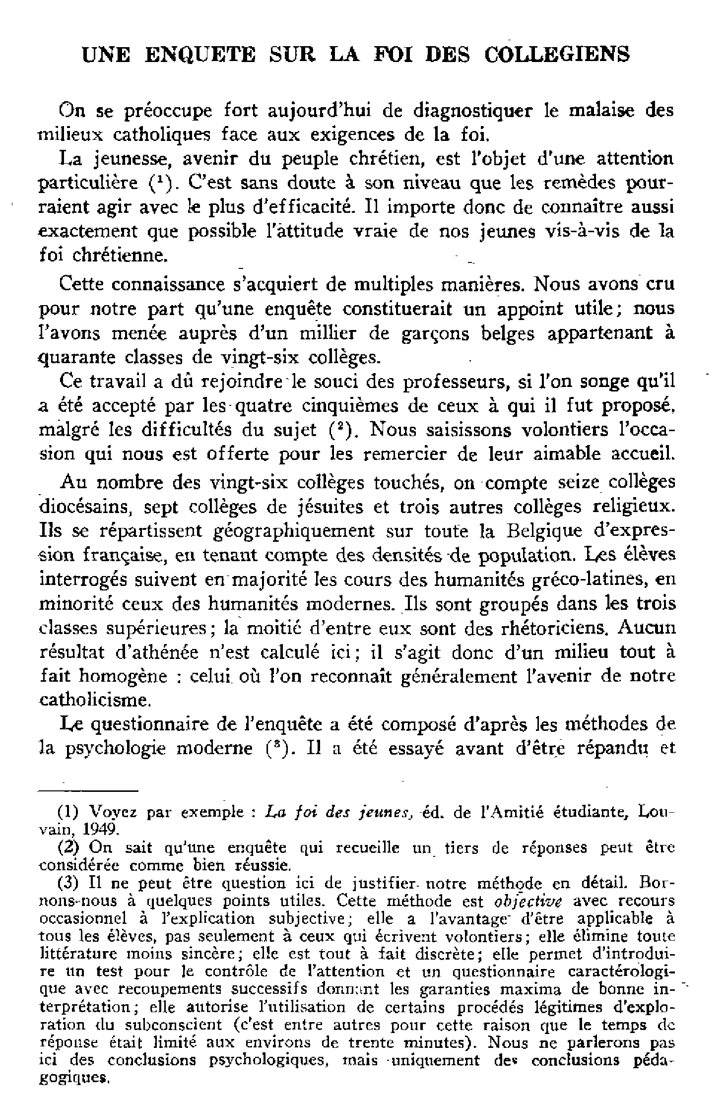 Une enquête sur la foi des collégiens
