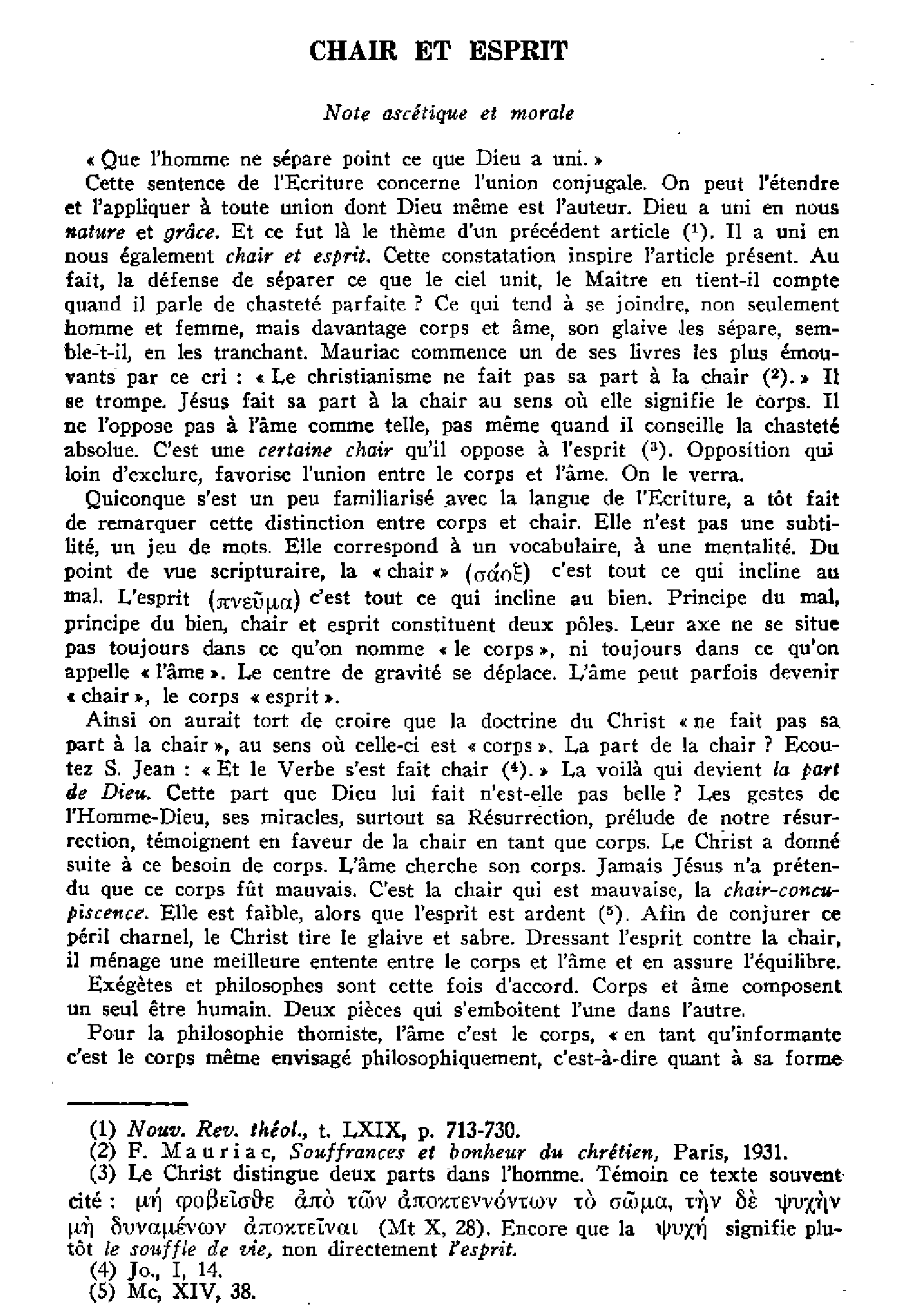 Chair et Esprit. Note ascétique et morale