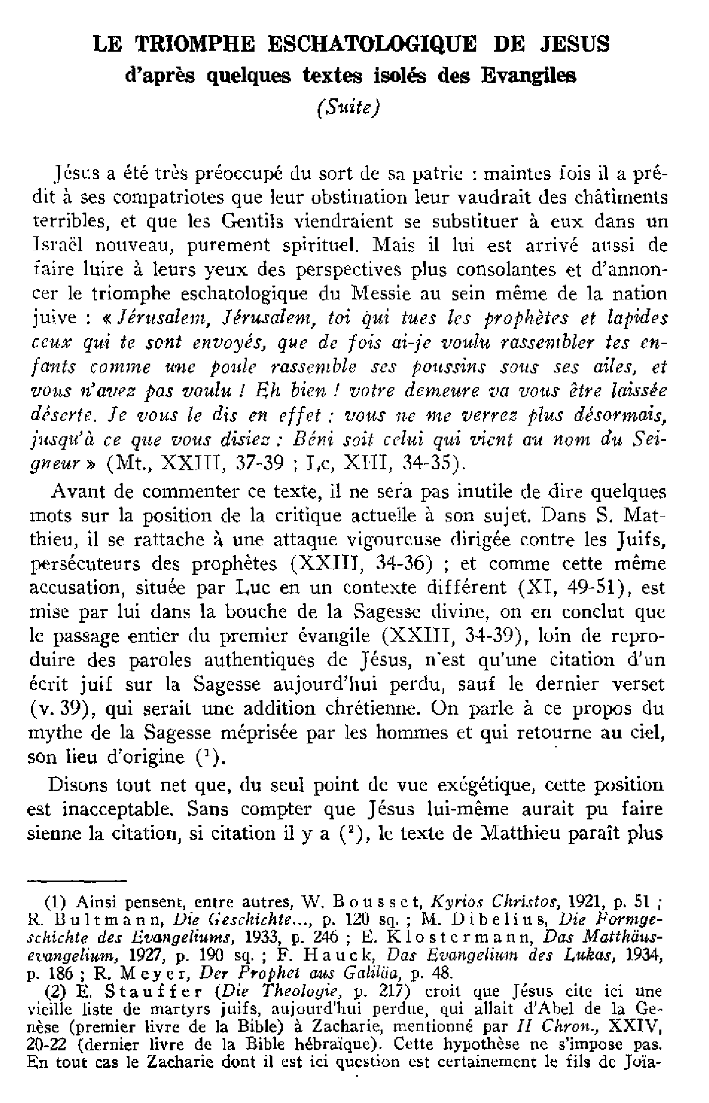 Le triomphe eschatologique de Jésus d'après quelque textes isolés des évangiles (suite)