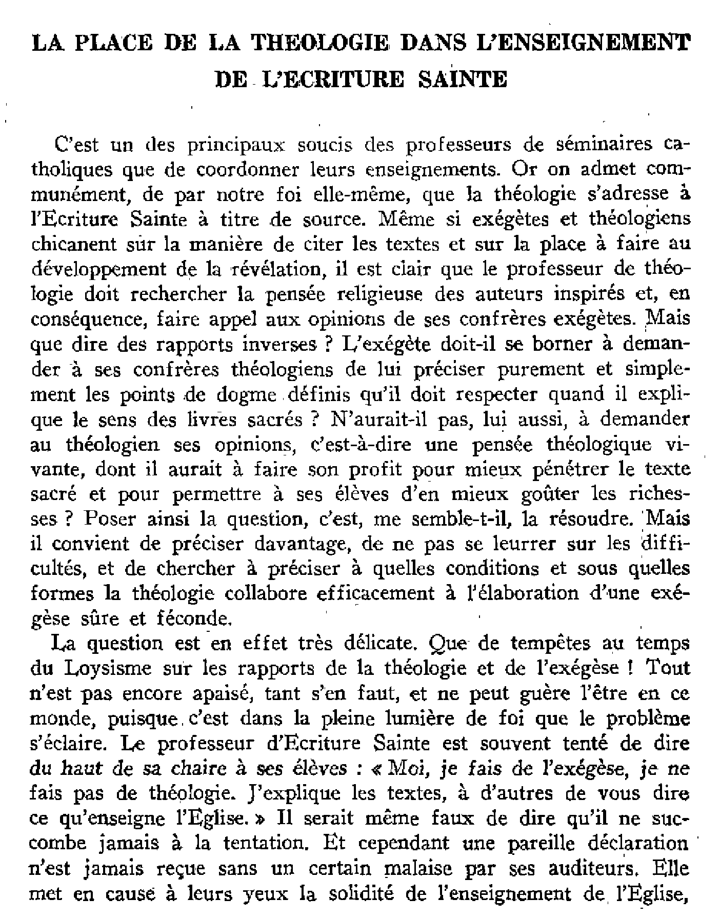 La place de la théologie dans l'enseignement de l'Écriture sainte