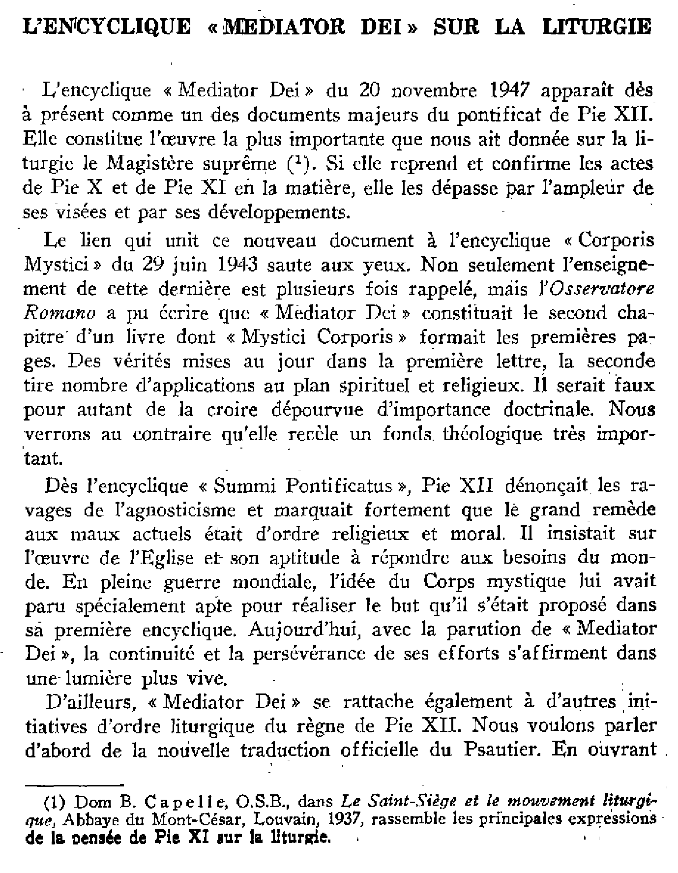 L'encyclique « Mediator Dei » sur la liturgie