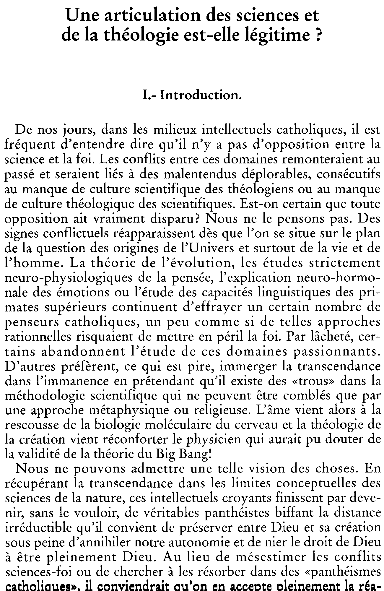 Une articulation des sciences et de la théologie est-elle légitime?