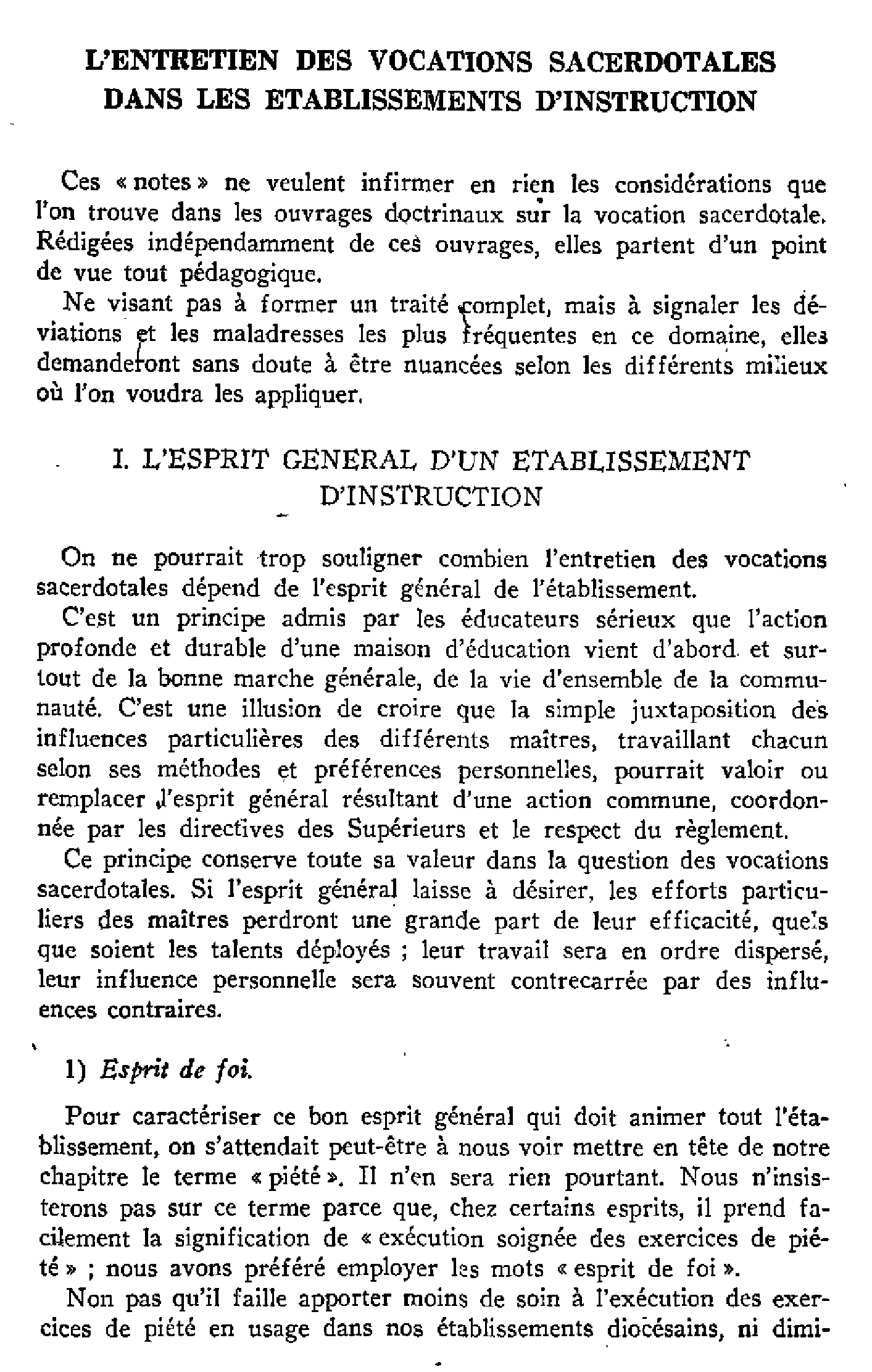 L'entretien des vocations sacerdotales dans les établissements d'instruction