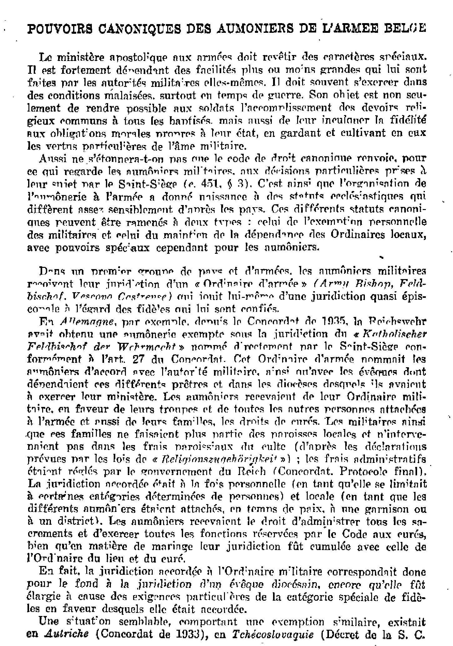 Pouvoirs canoniques des aumôniers de l'armée belge