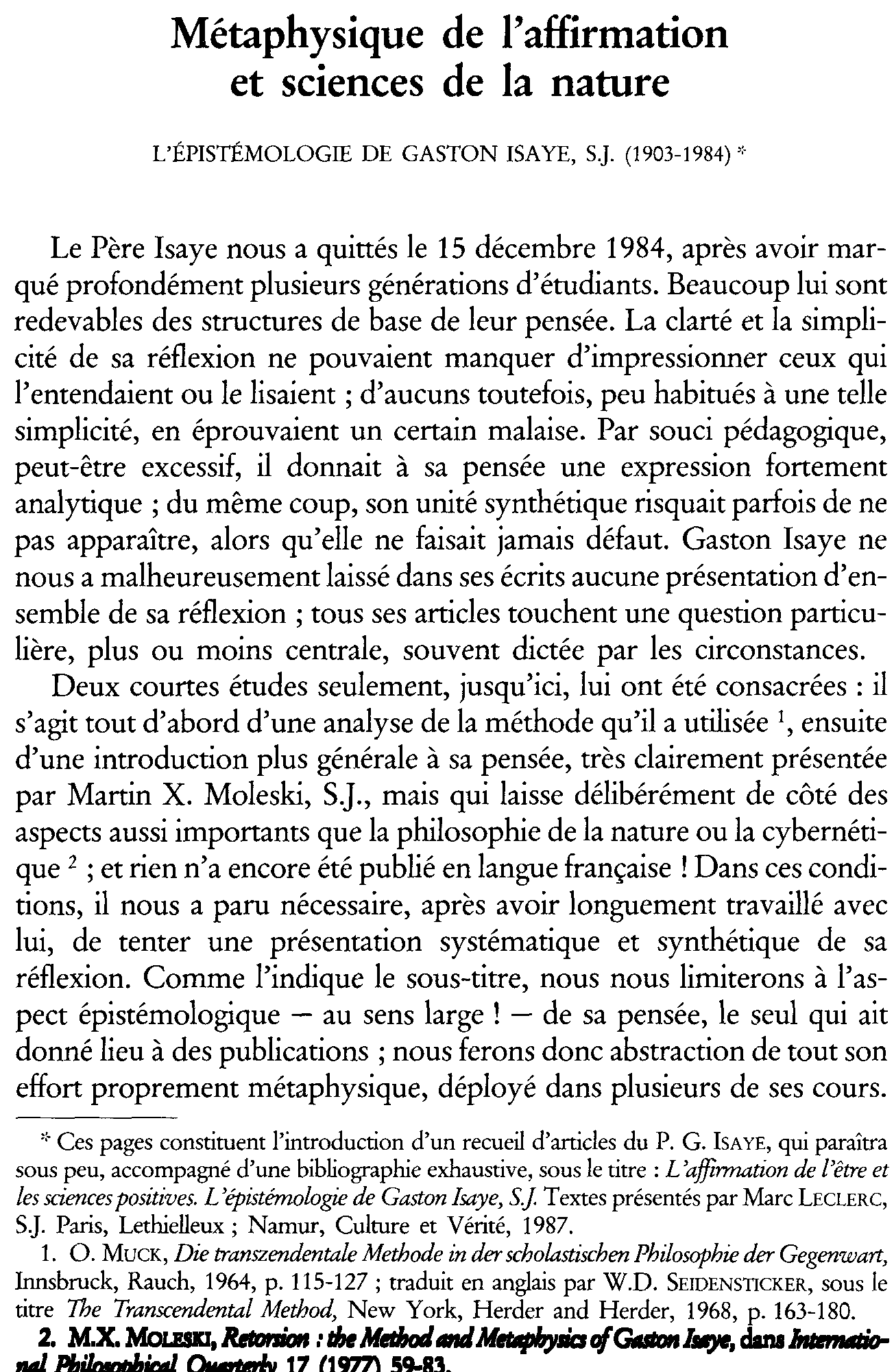 Métaphysique de l'affirmation et sciences de la nature. L'épistémologie de Gaston Isaye, S.J. (1903-1984)