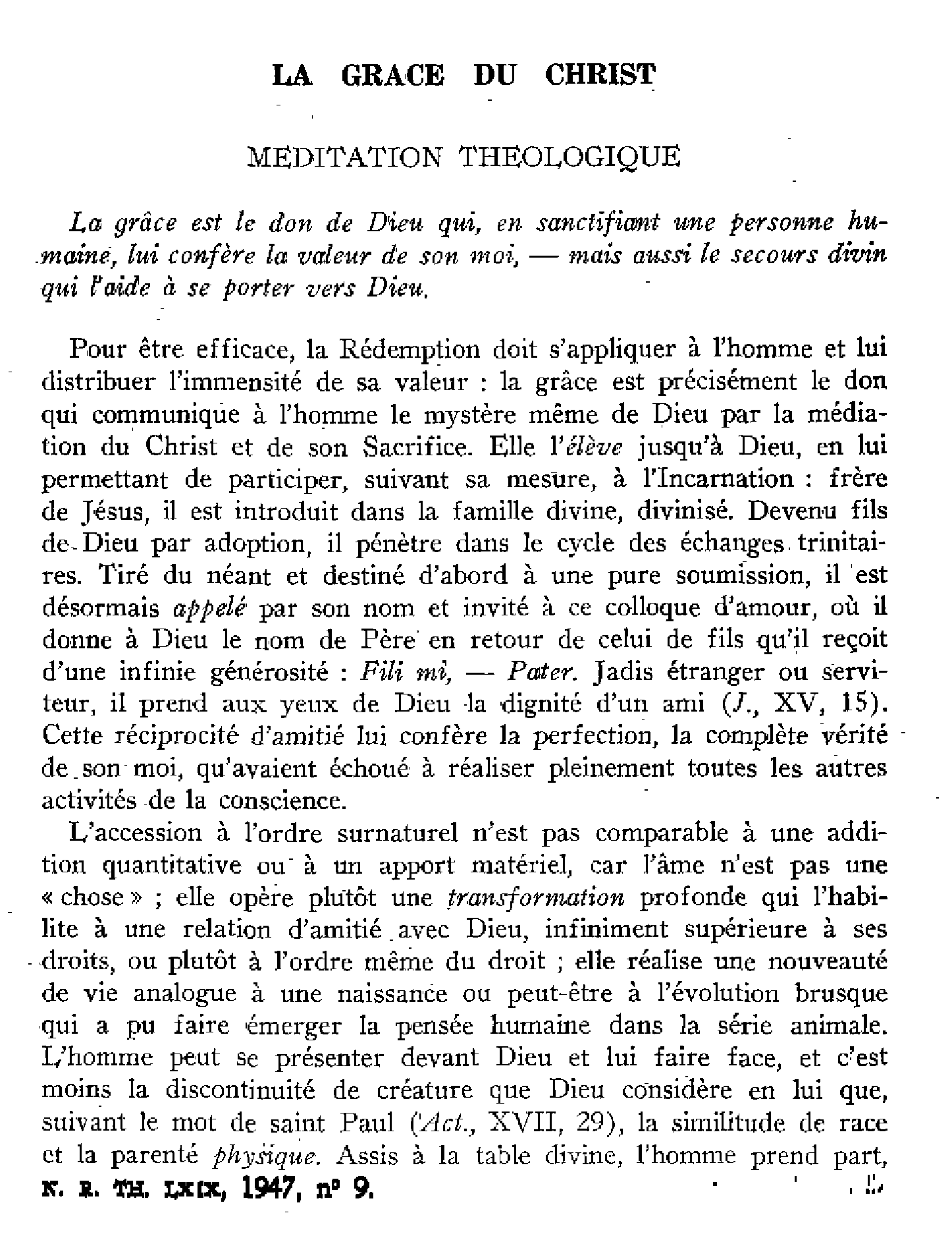 La grâce du Christ. Méditation théologique