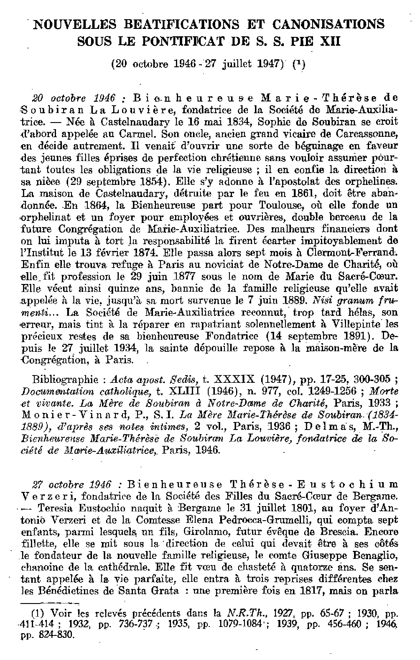 Nouvelles béatifications et canonisations sous le Pontificat de S.S. Pie XII