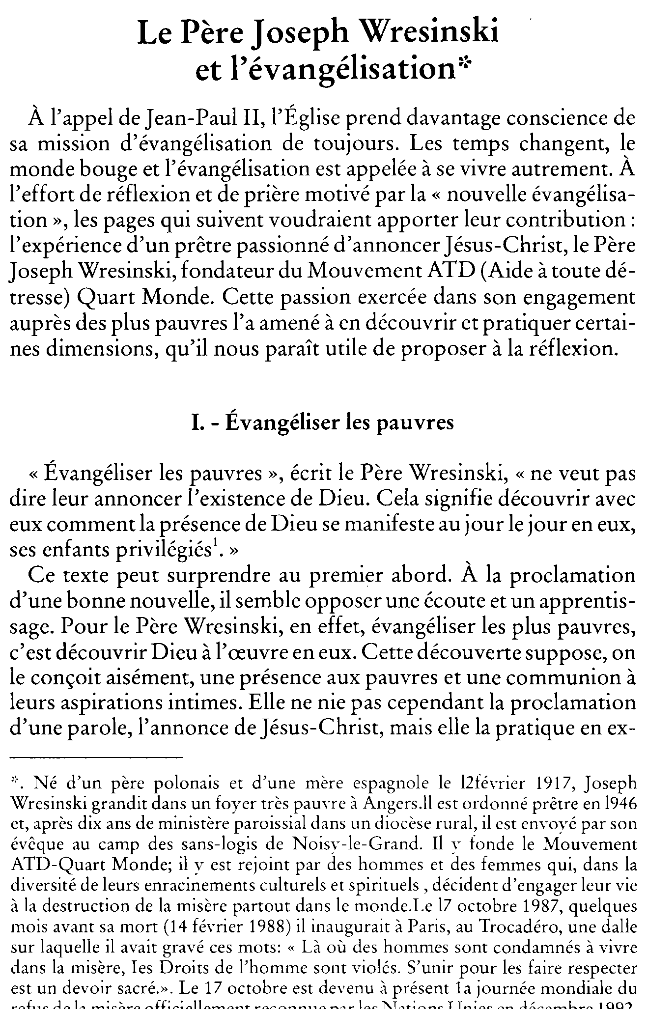Le Père Joseph Wresinski et l'évangélisation