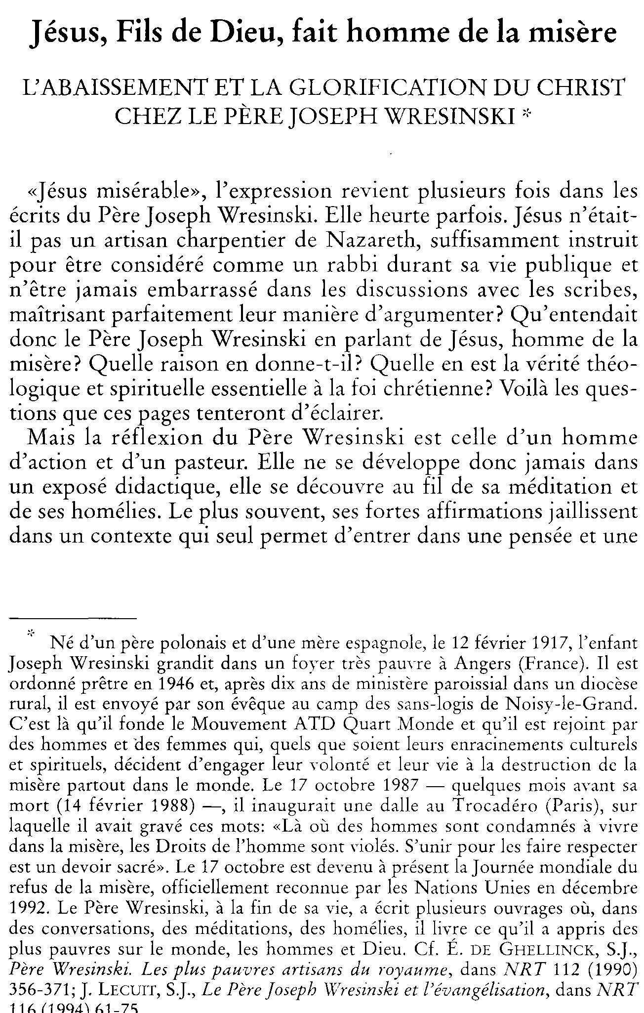 Jésus, Fils de Dieu, fait homme de la misère. L'abaissement et la glorification du Christ chez le Père Joseph Wresinski