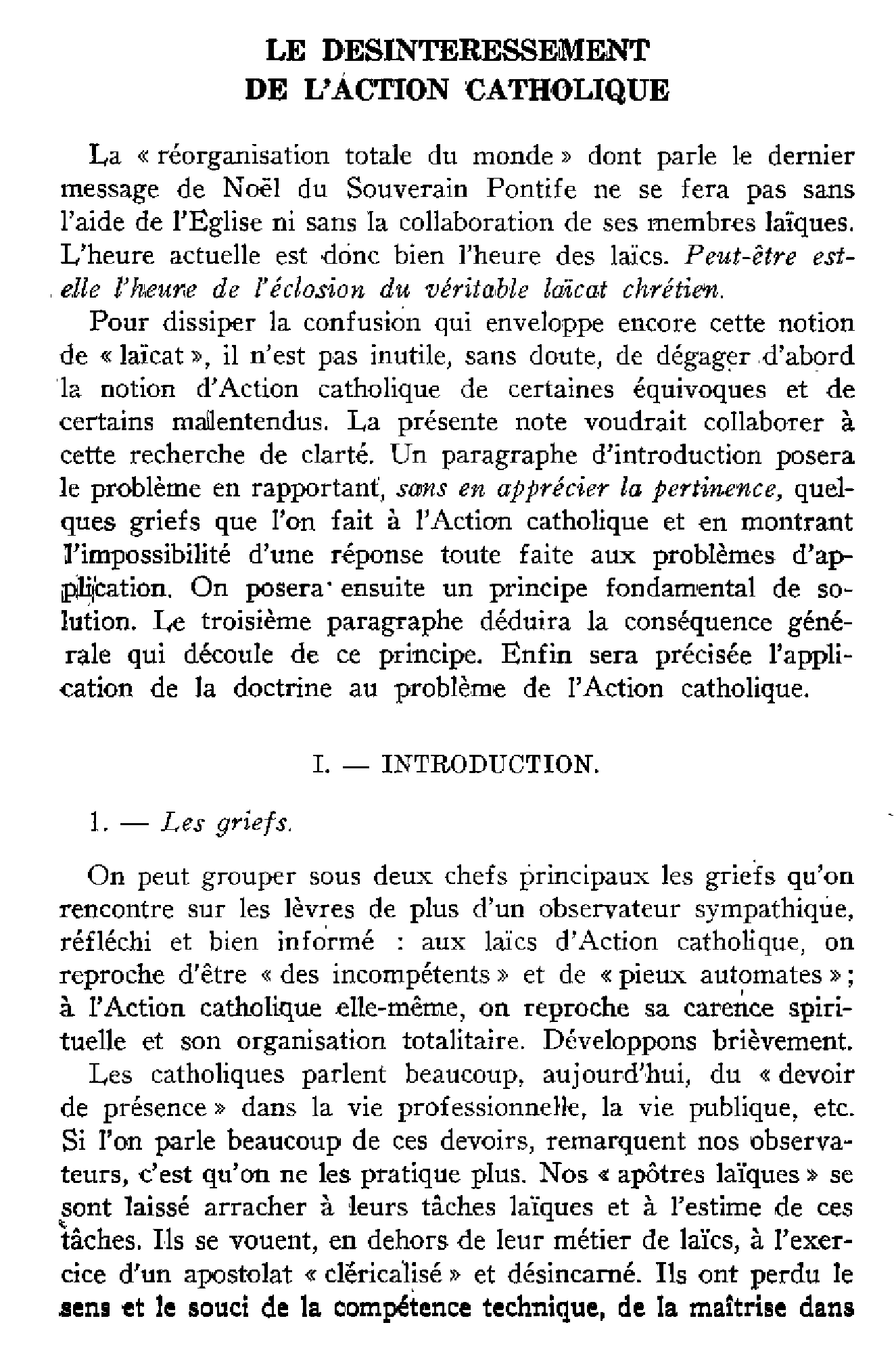 Le désintéressement de l'Action catholique