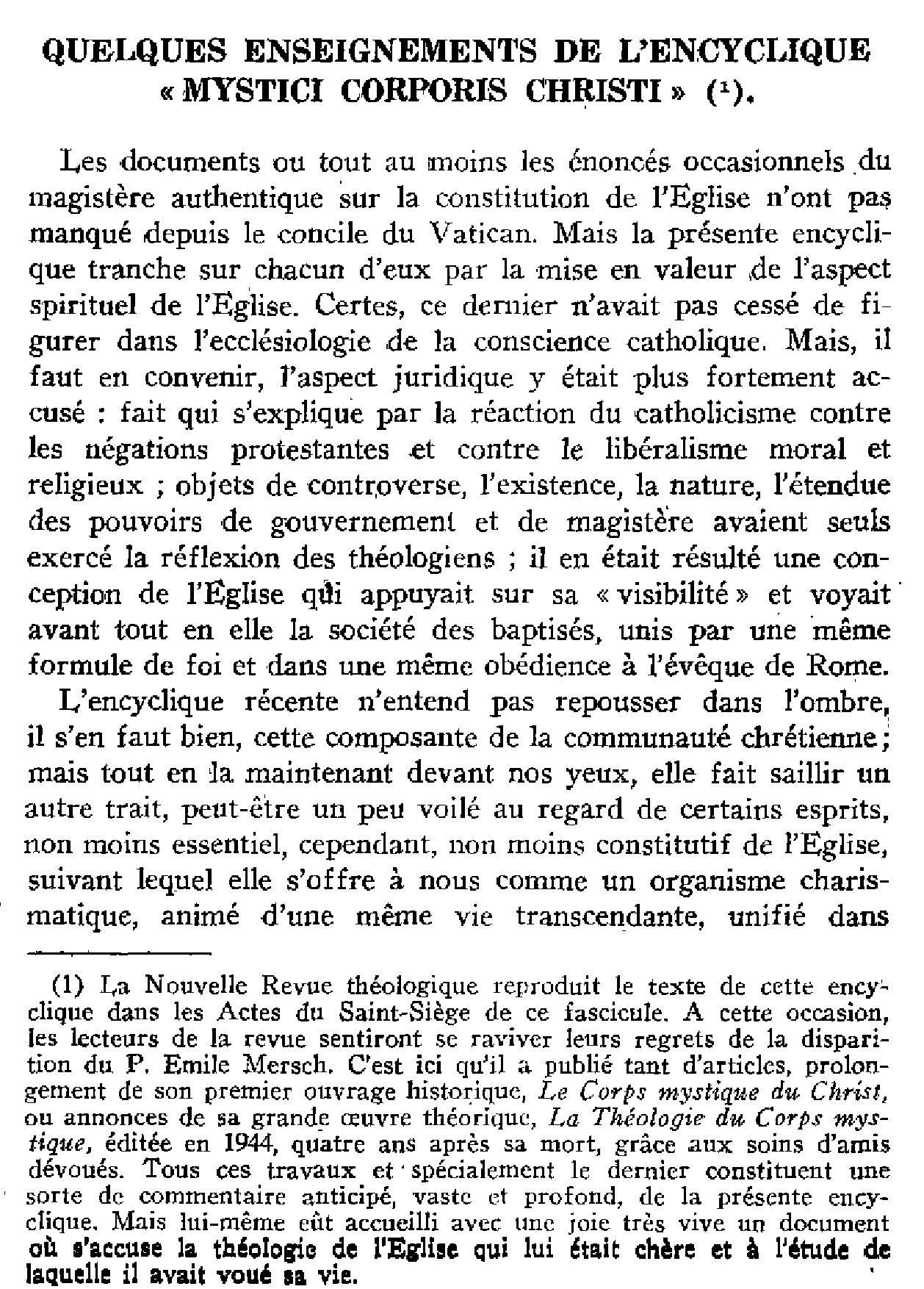 Quelques enseignements de l'Encyclique « Mystici Corporis Christi »