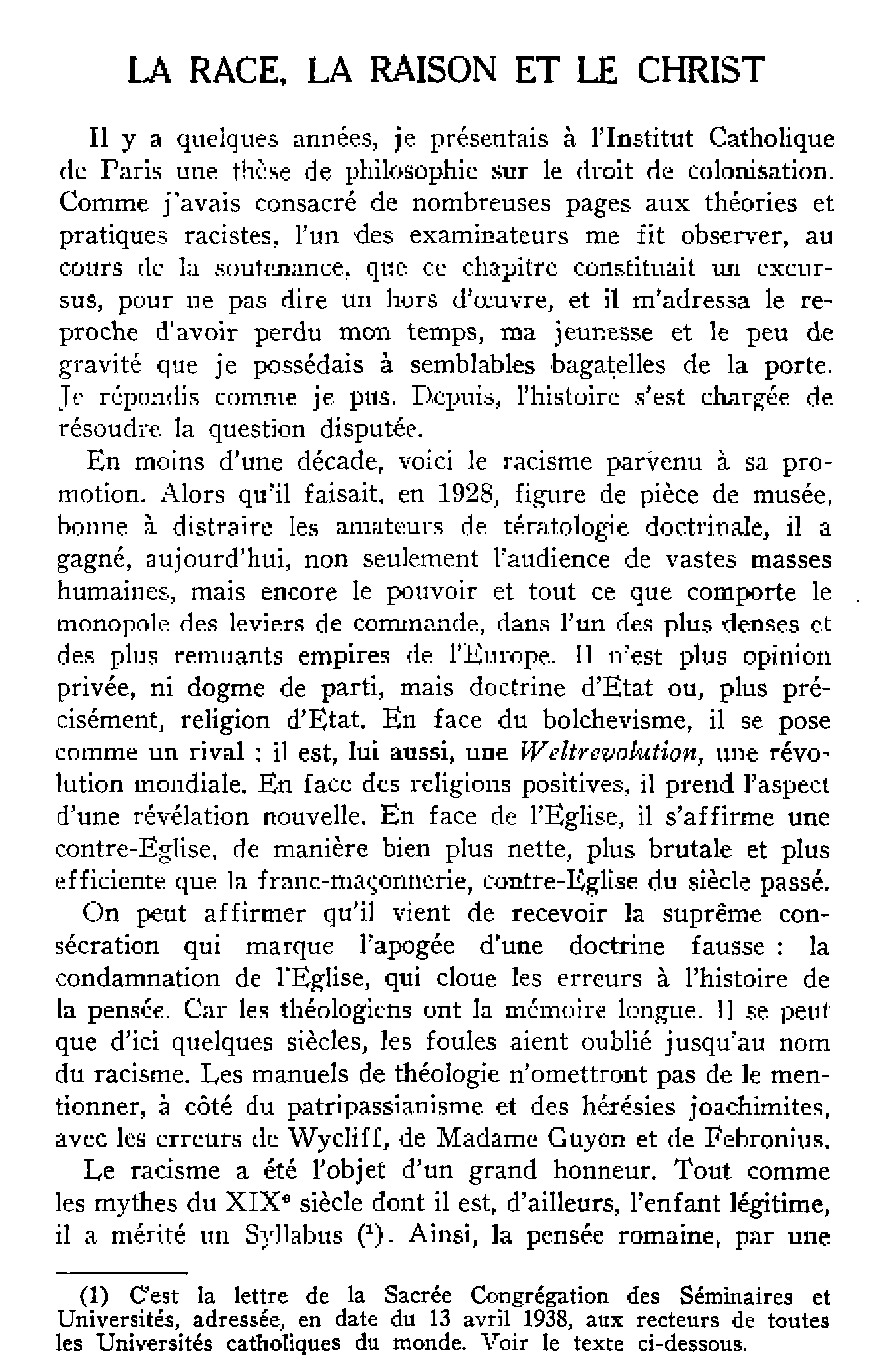 La race, la raison et le Christ