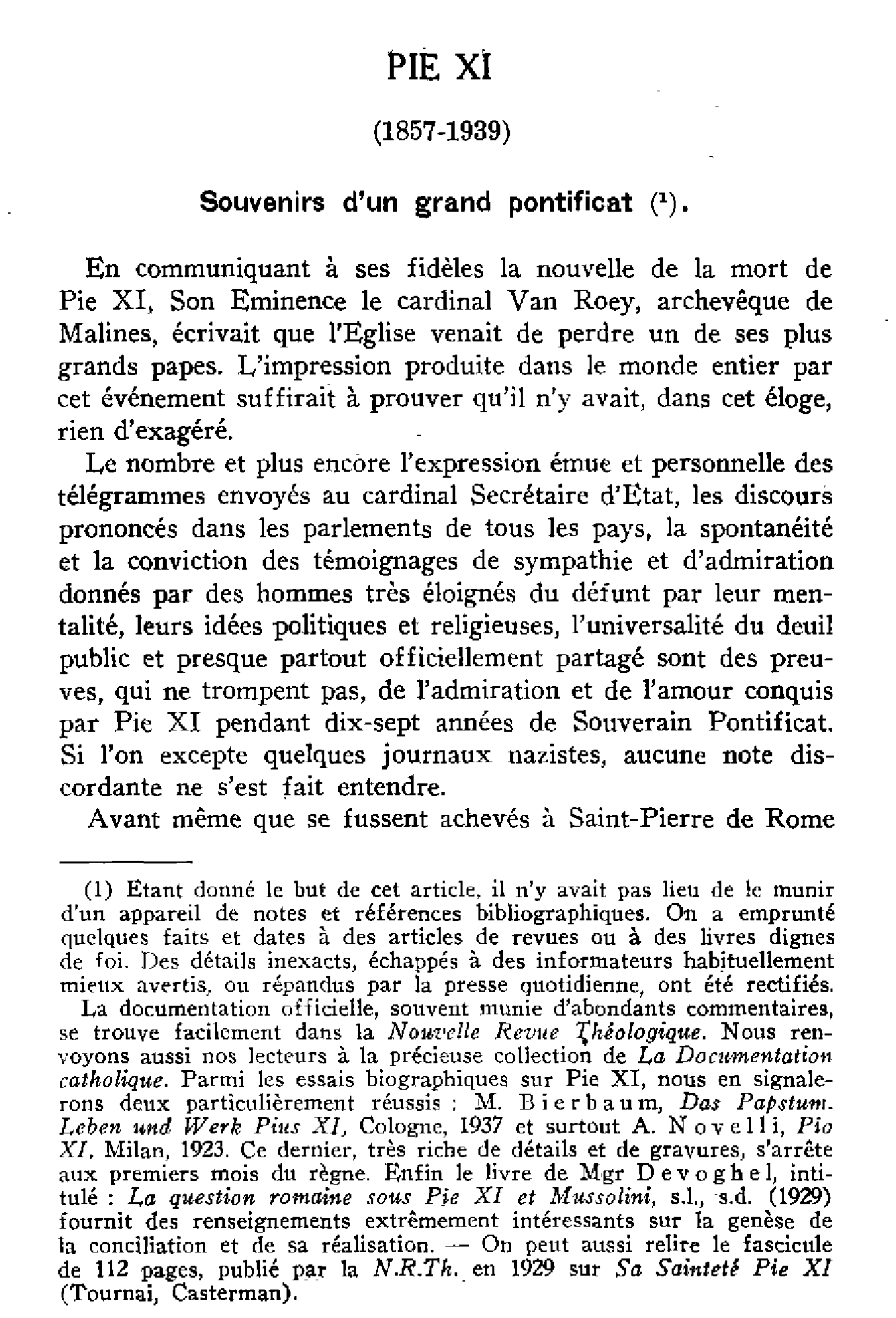 Pie XI (1857-1939). Souvenirs d'un grand pontificat