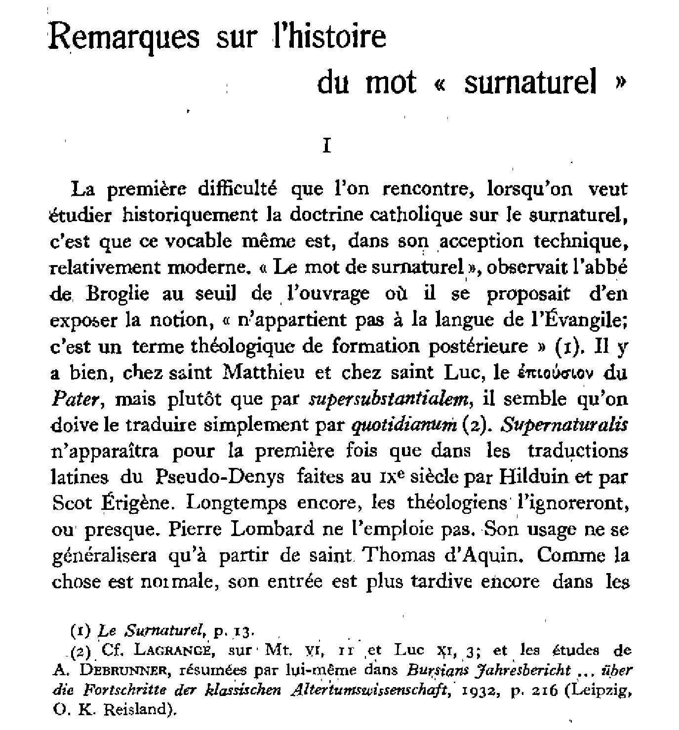 Remarques sur l’histoiredu mot « surnaturel » (I)