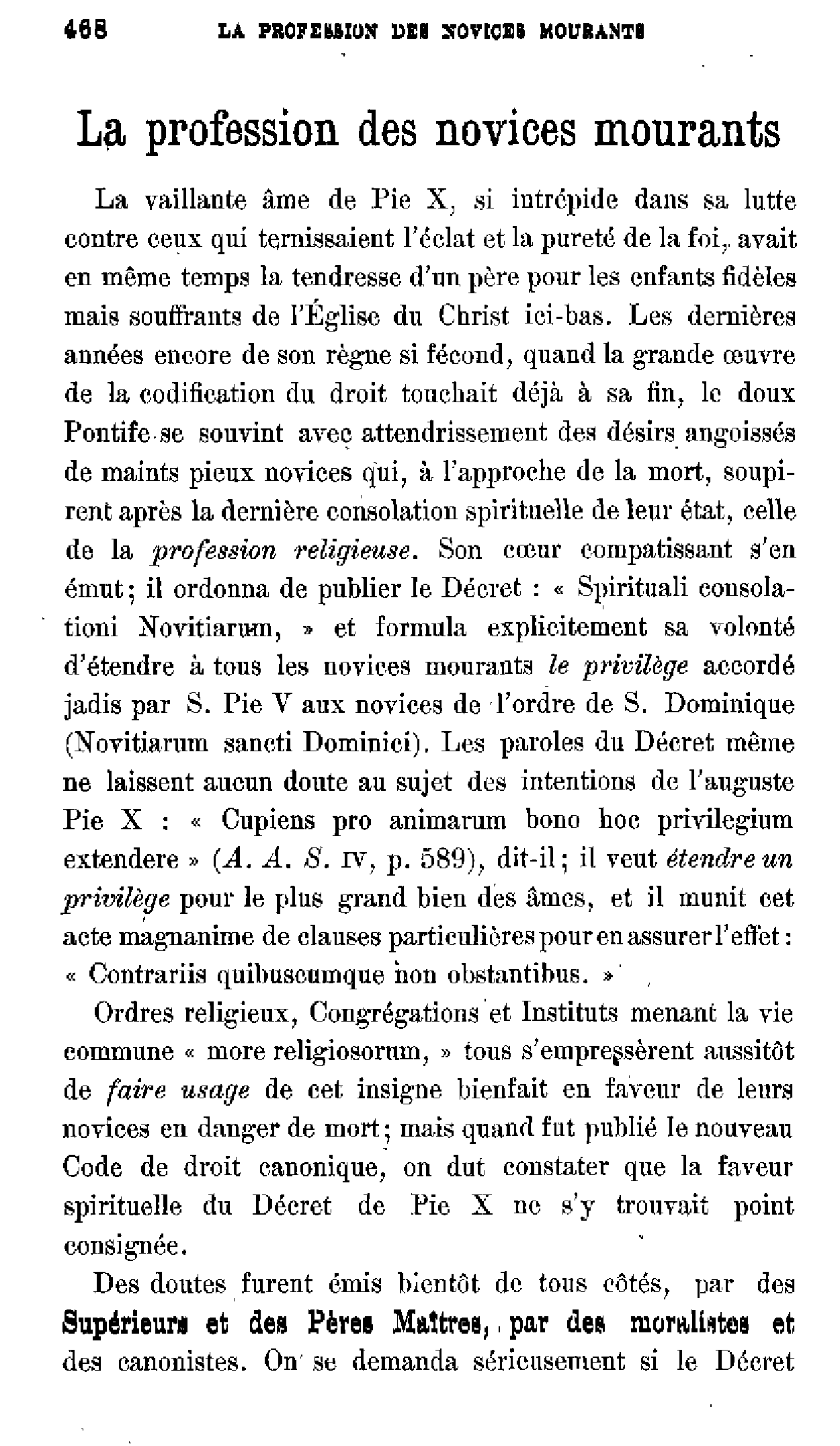 La profession des novices mourants