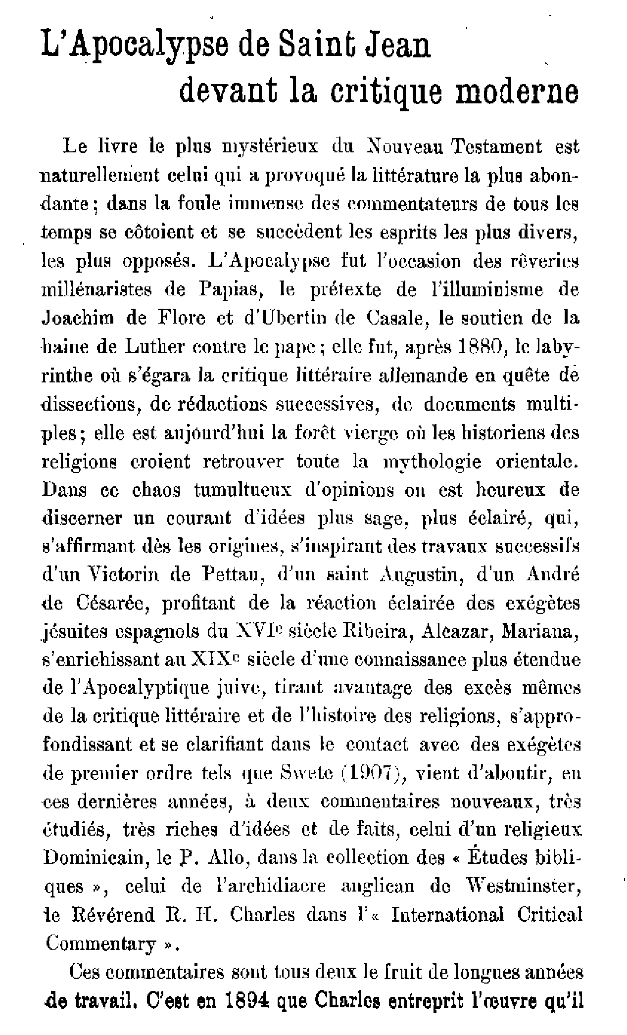 L'Apocalypse de Saint Jean devant la critique moderne (1)