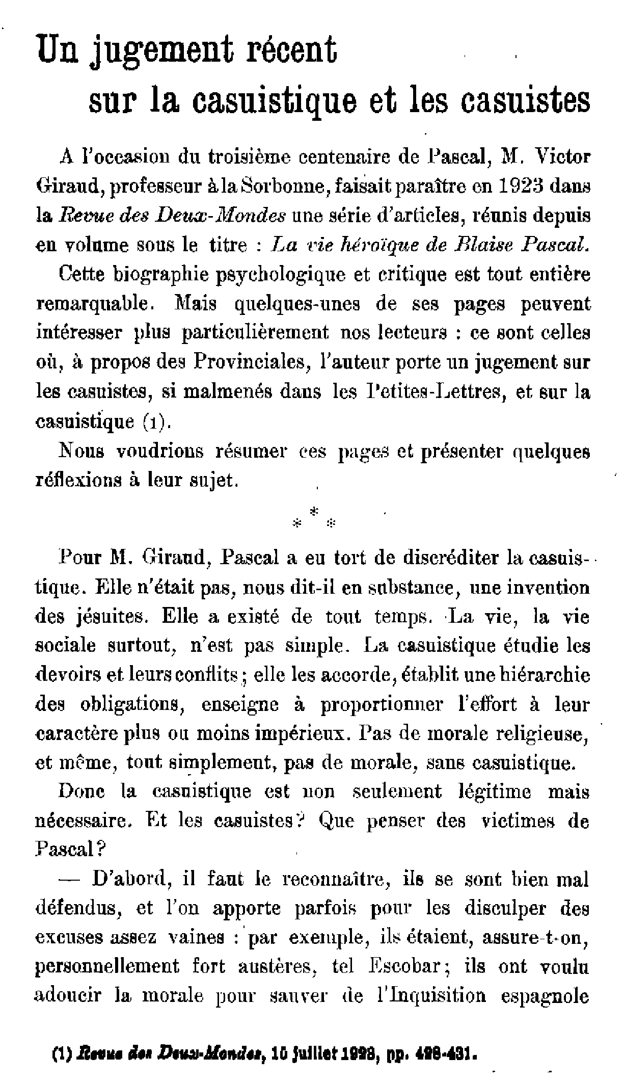 Un jugement récent sur la casuistique et les casuistes