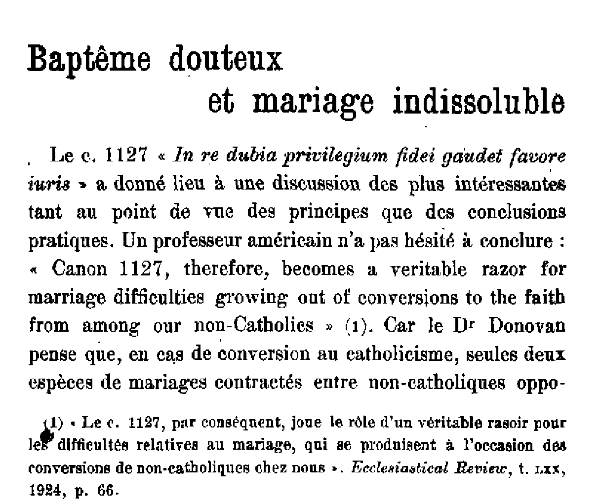 Baptême douteux et mariage indissoluble