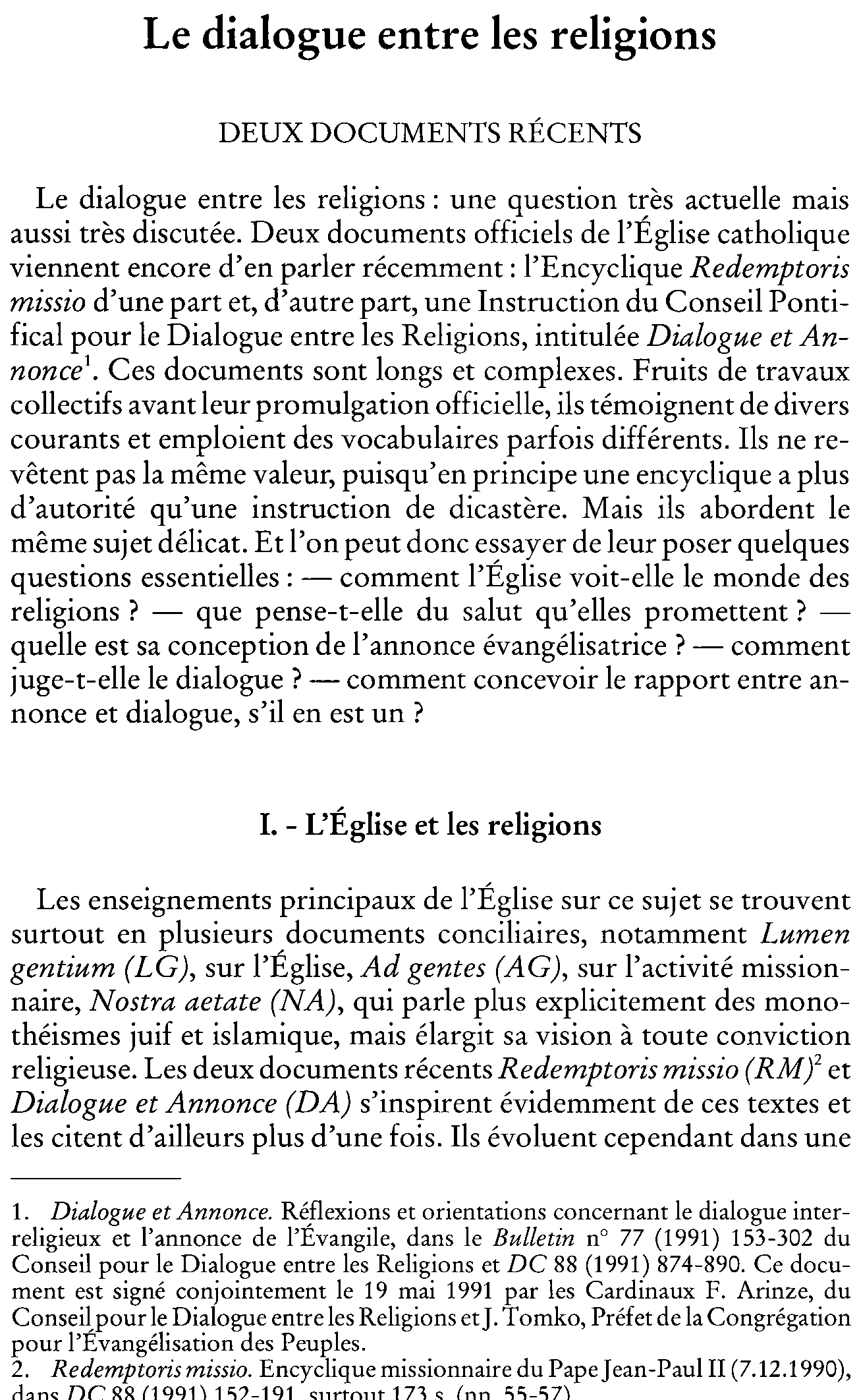 Le dialogue entre les religions. Deux documents récents