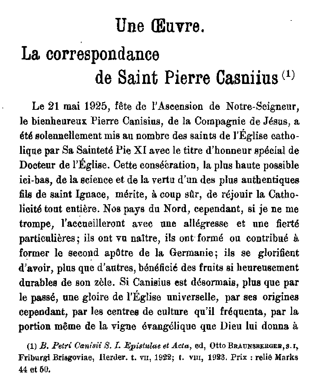 Une oeuvre. La correspondance de Saint Pierre Casinius