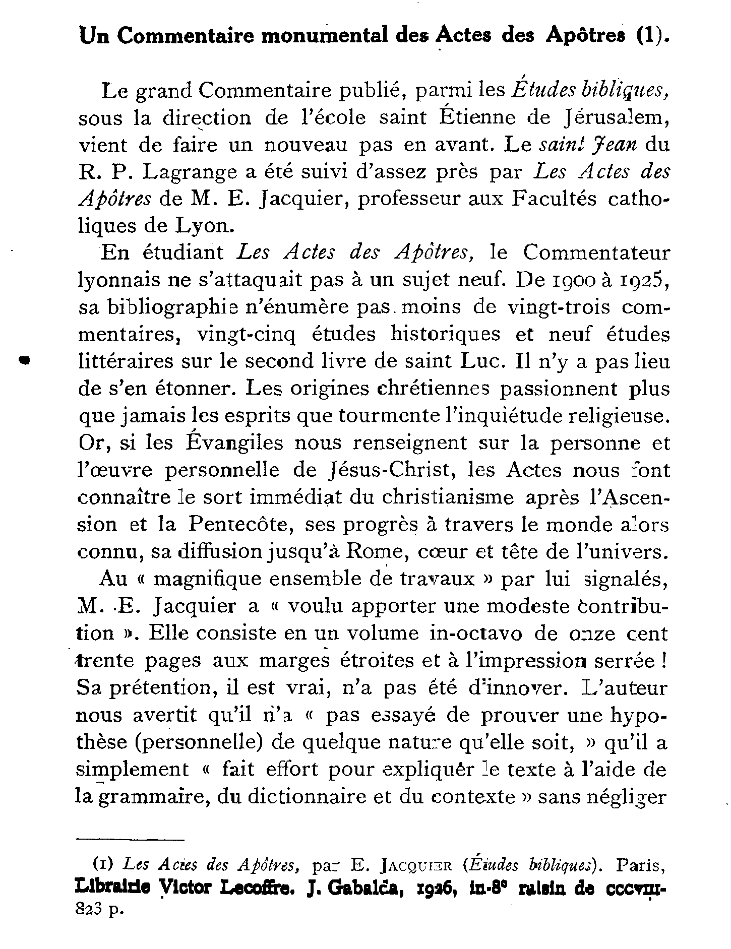 Un Commentaire monumental des Actes des Apôtres