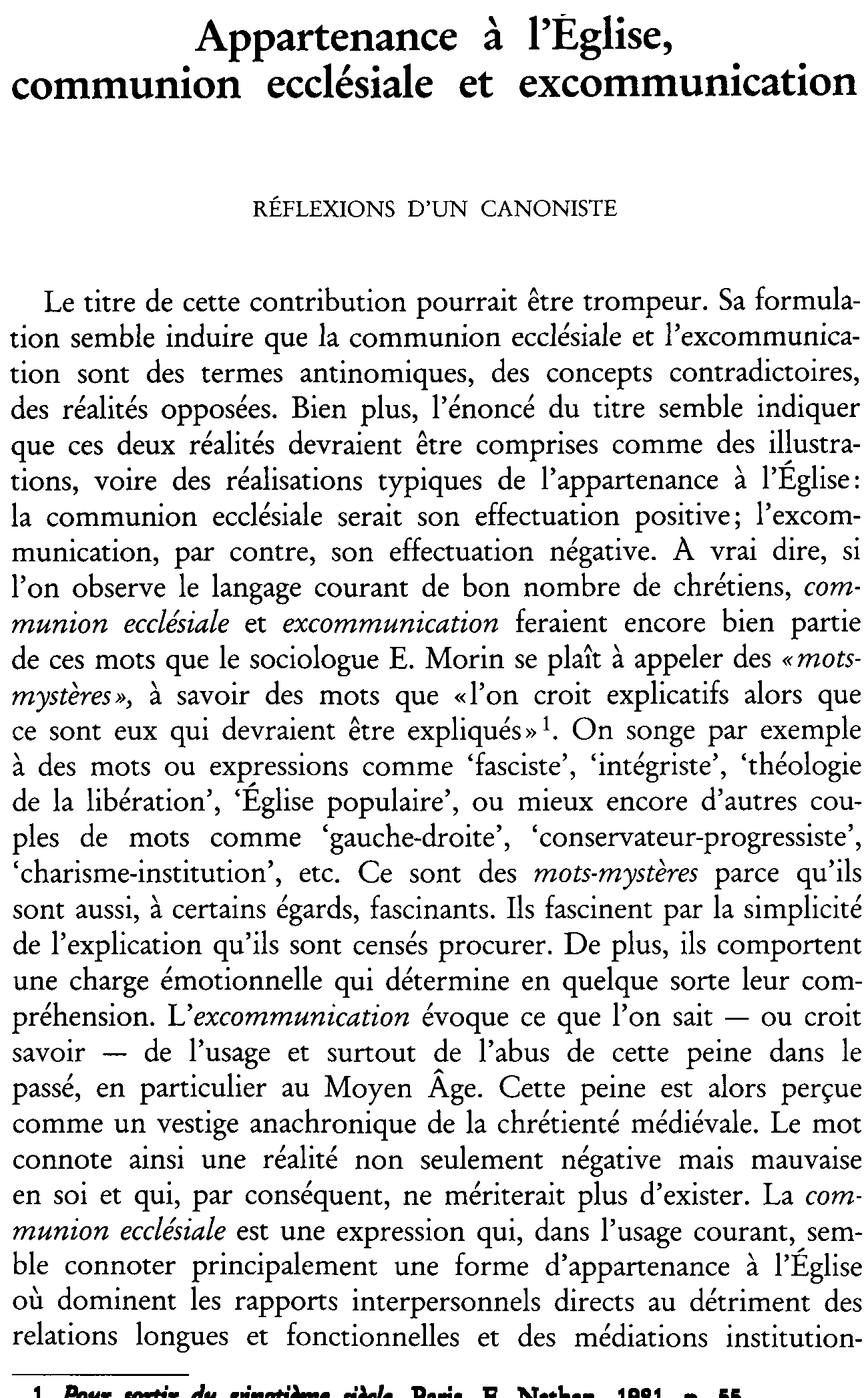 Appartenance à  l'Église, communion ecclésiale et excommunication. Réflexions d'un canoniste