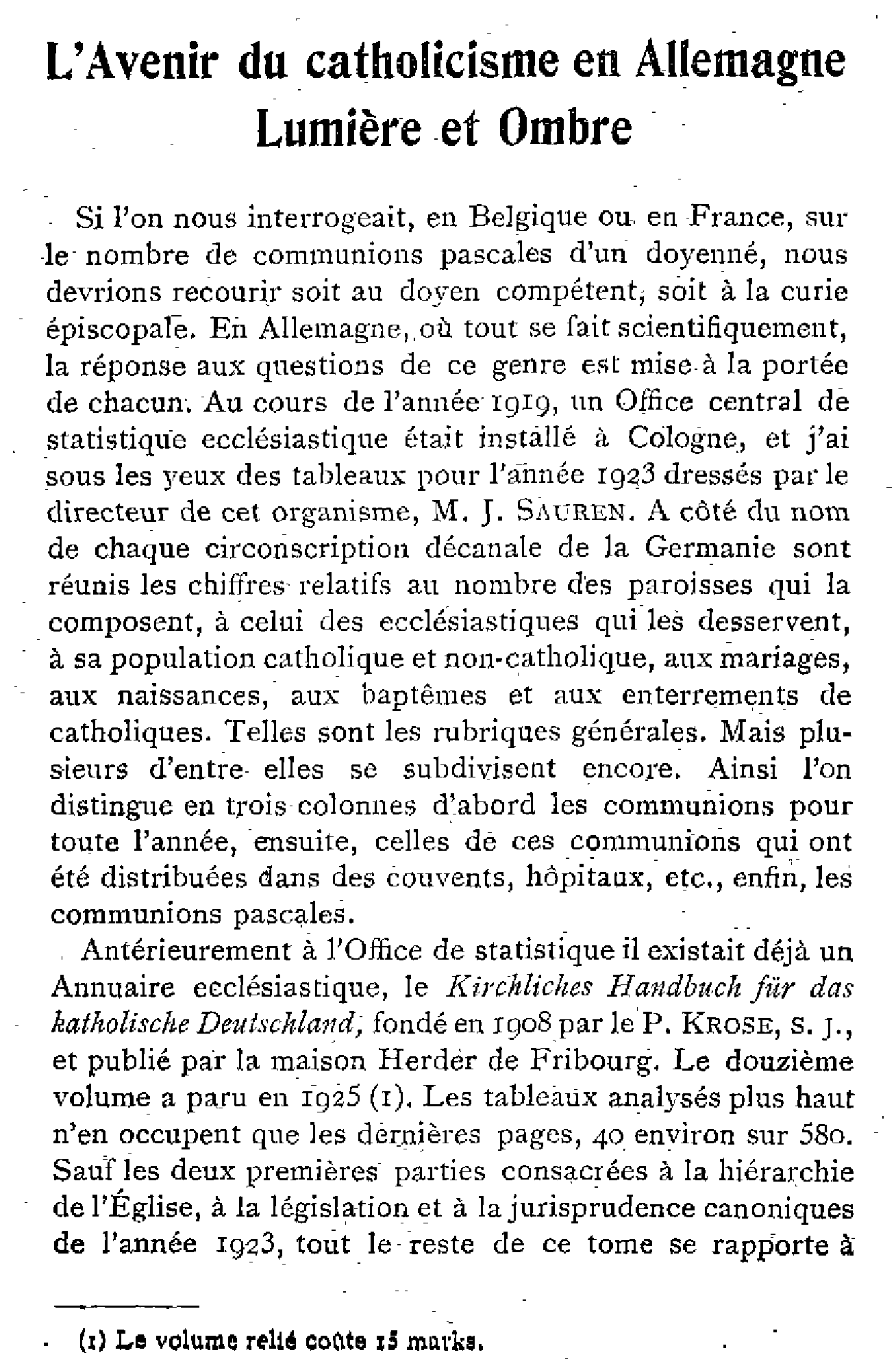L'Avenir du catholicisme en Allemagne, Lumière et Ombre