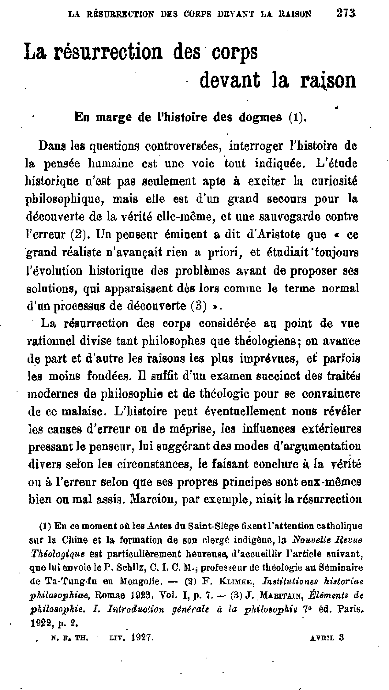La résurrection des corps devant la raison (1)