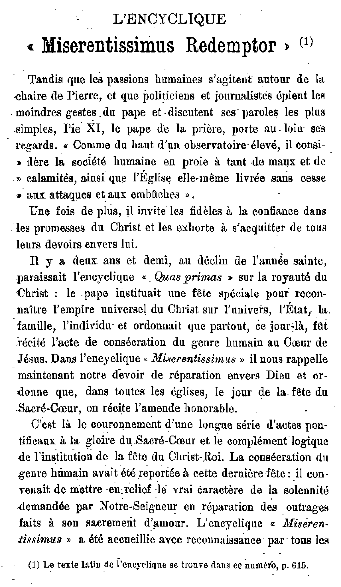 L'encyclique Miserentissimus Redemptor