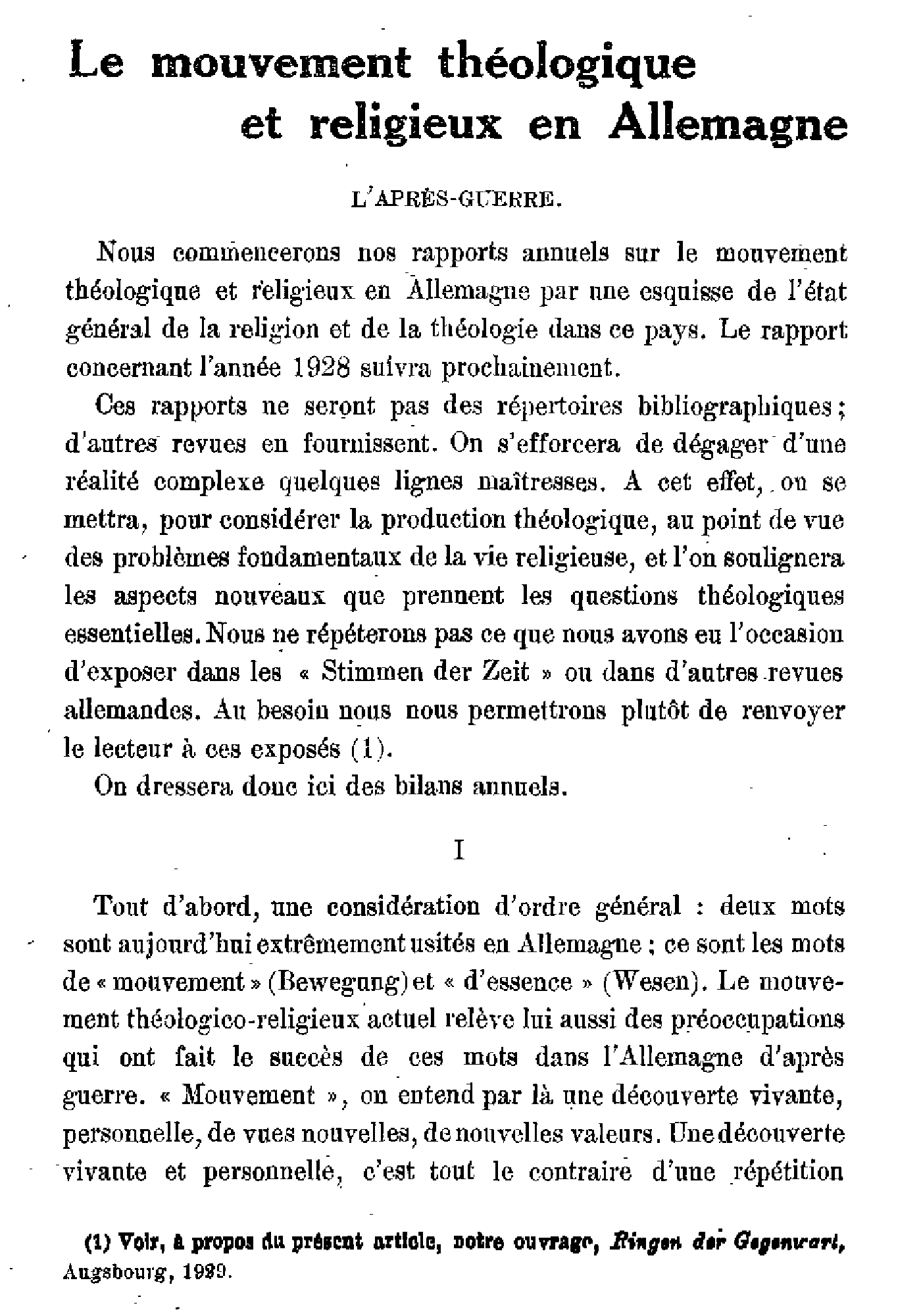 Le mouvement théologique et religieux en Allemagne (1)