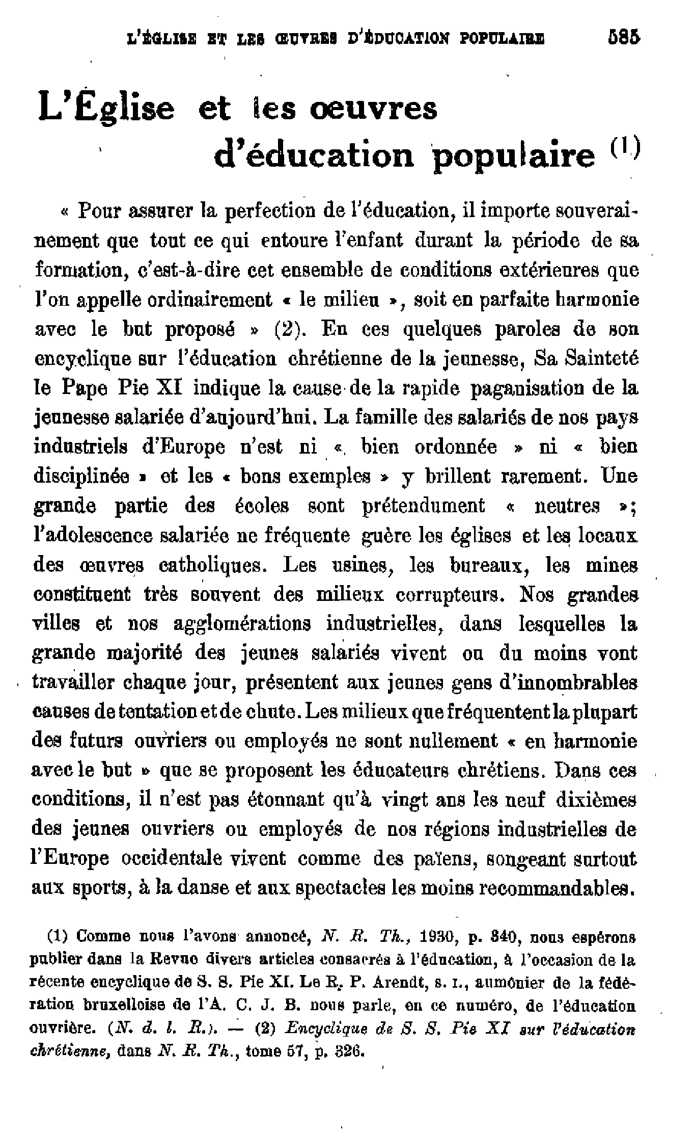 L'Eglise et les oeuvres d'éducation populaire
