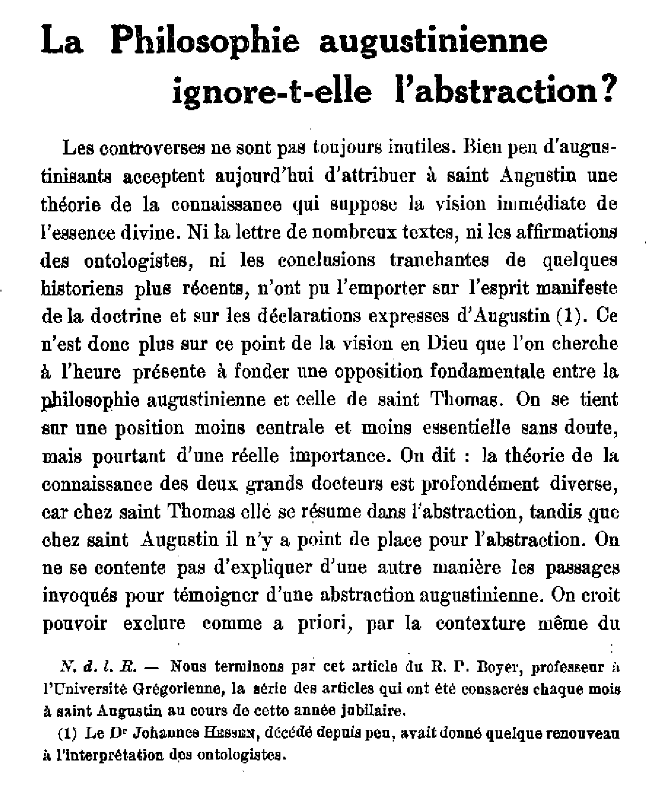 La Philosophie augustinienne ignore-t-elle l'abstraction .