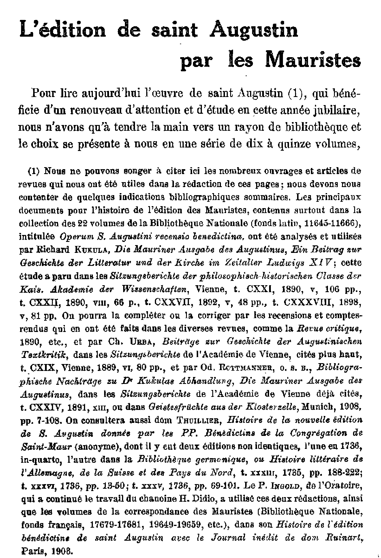 L'édition de saint Augustin par les Mauristes