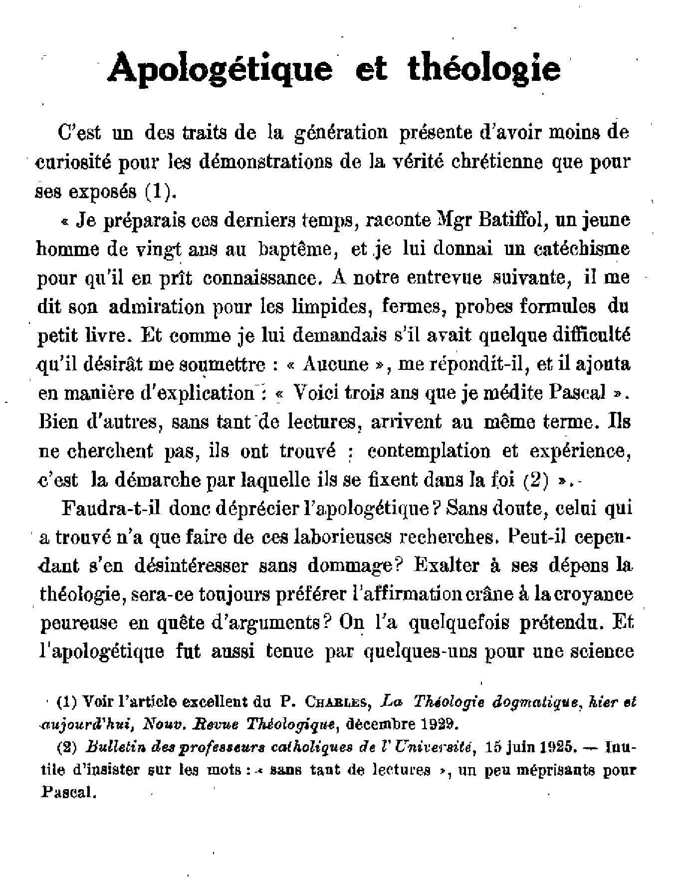 Apologétique et théologie