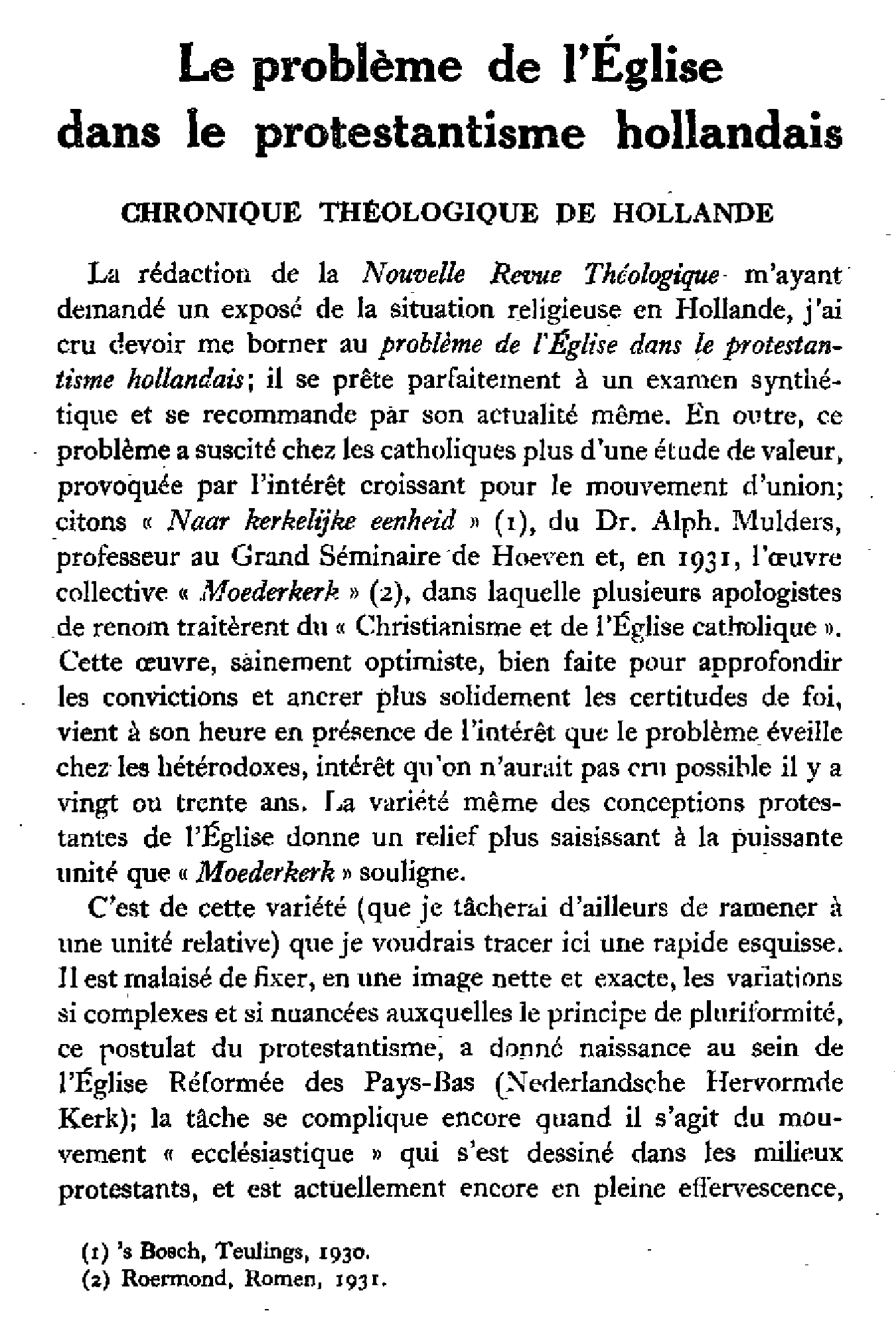 Le problème de l'Eglise dans le protestantisme hollandais