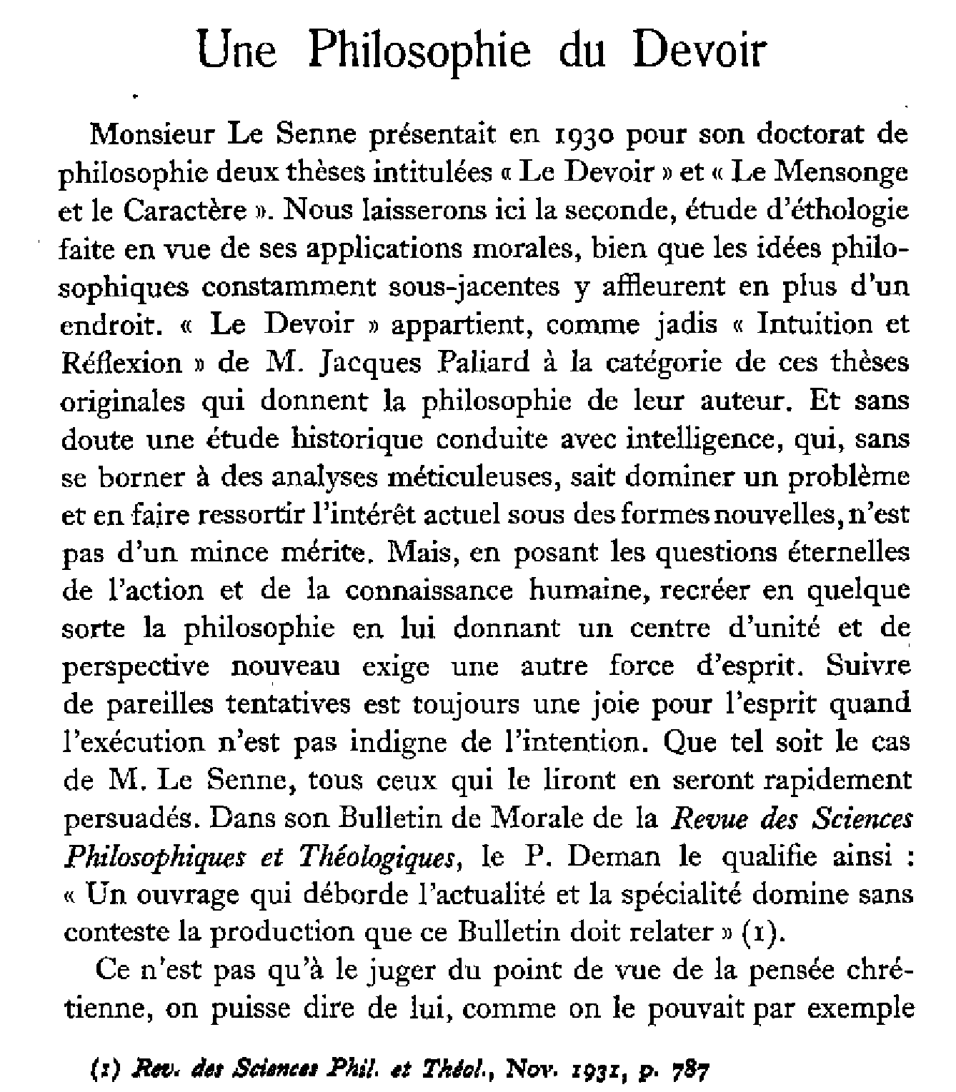 Une philosophie du Devoir