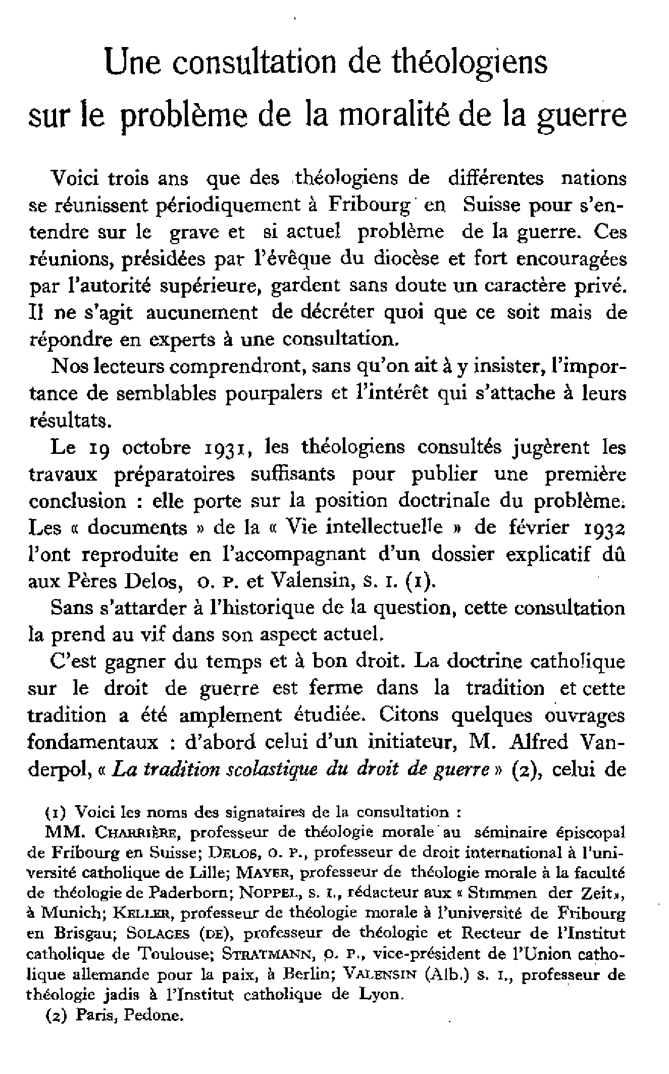 Une consultation de théologiens sur le problème de la moralité de la guerre