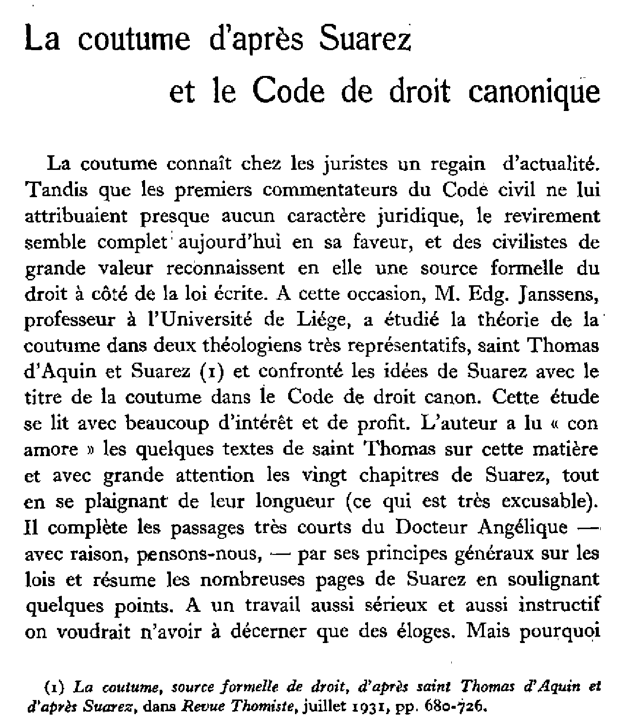 La coutume d'après Suarez et le Code de droit canonique