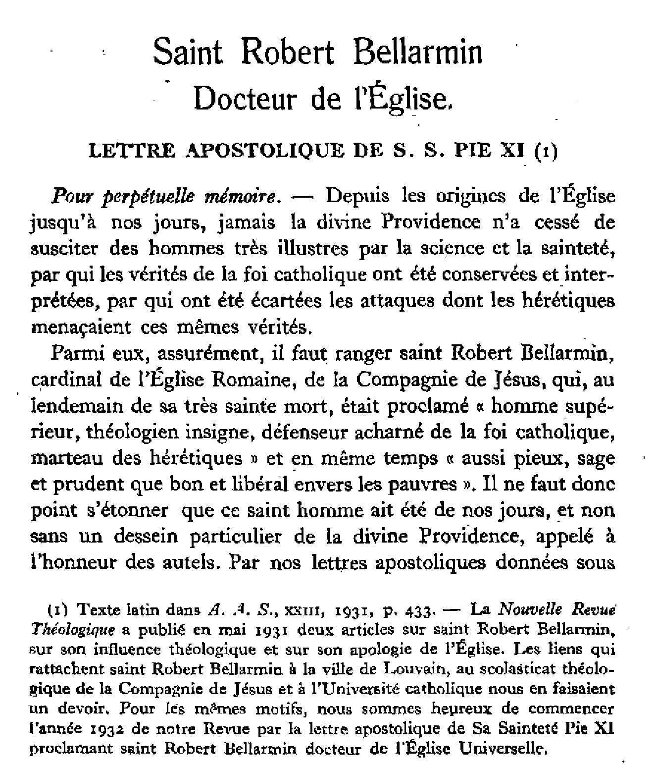 Saint Robert Bellarmin. Docteur de l'Eglise. Lettre apostolique