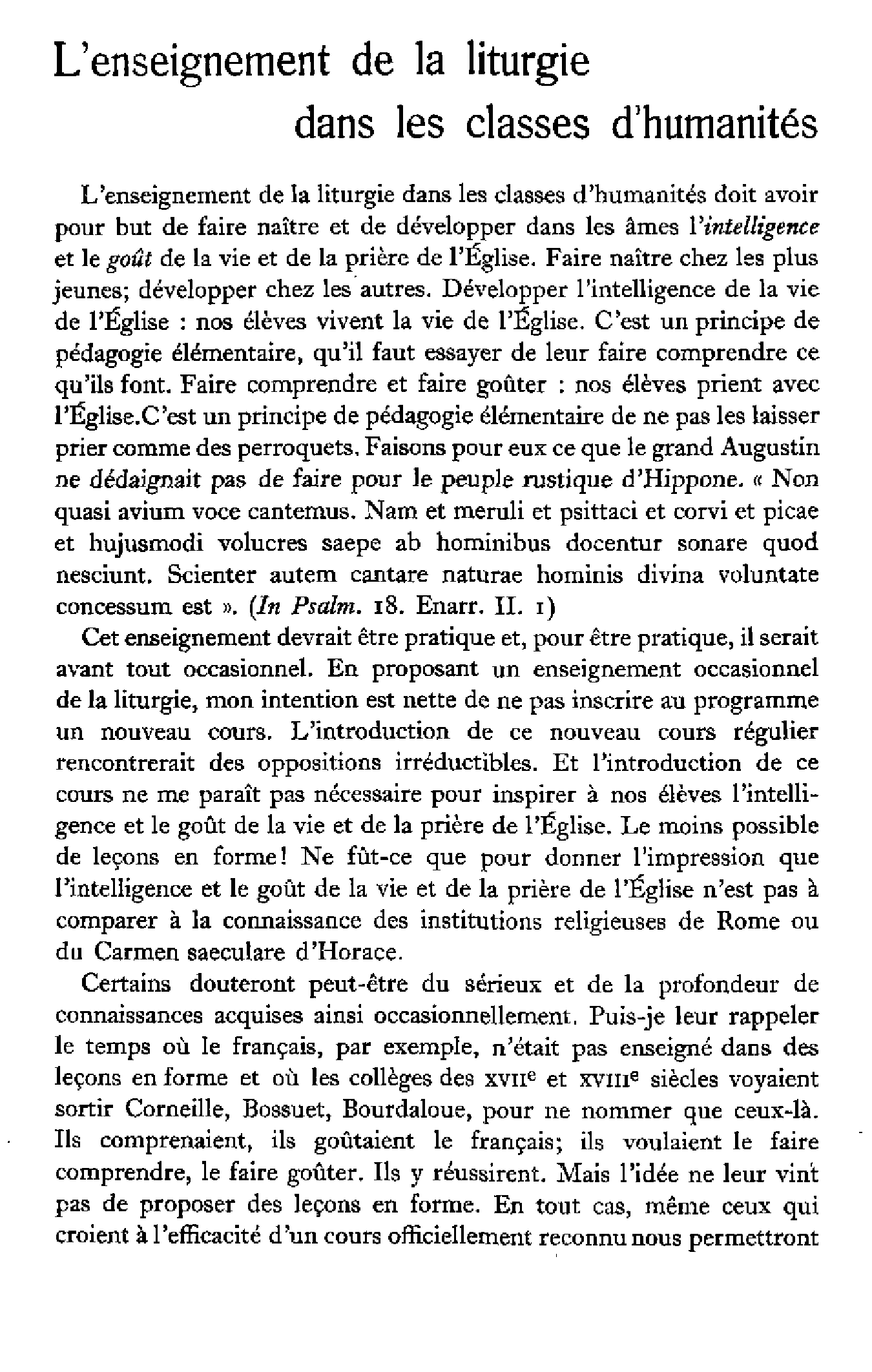 L'enseignement de la liturgie dans les classes d'humanités