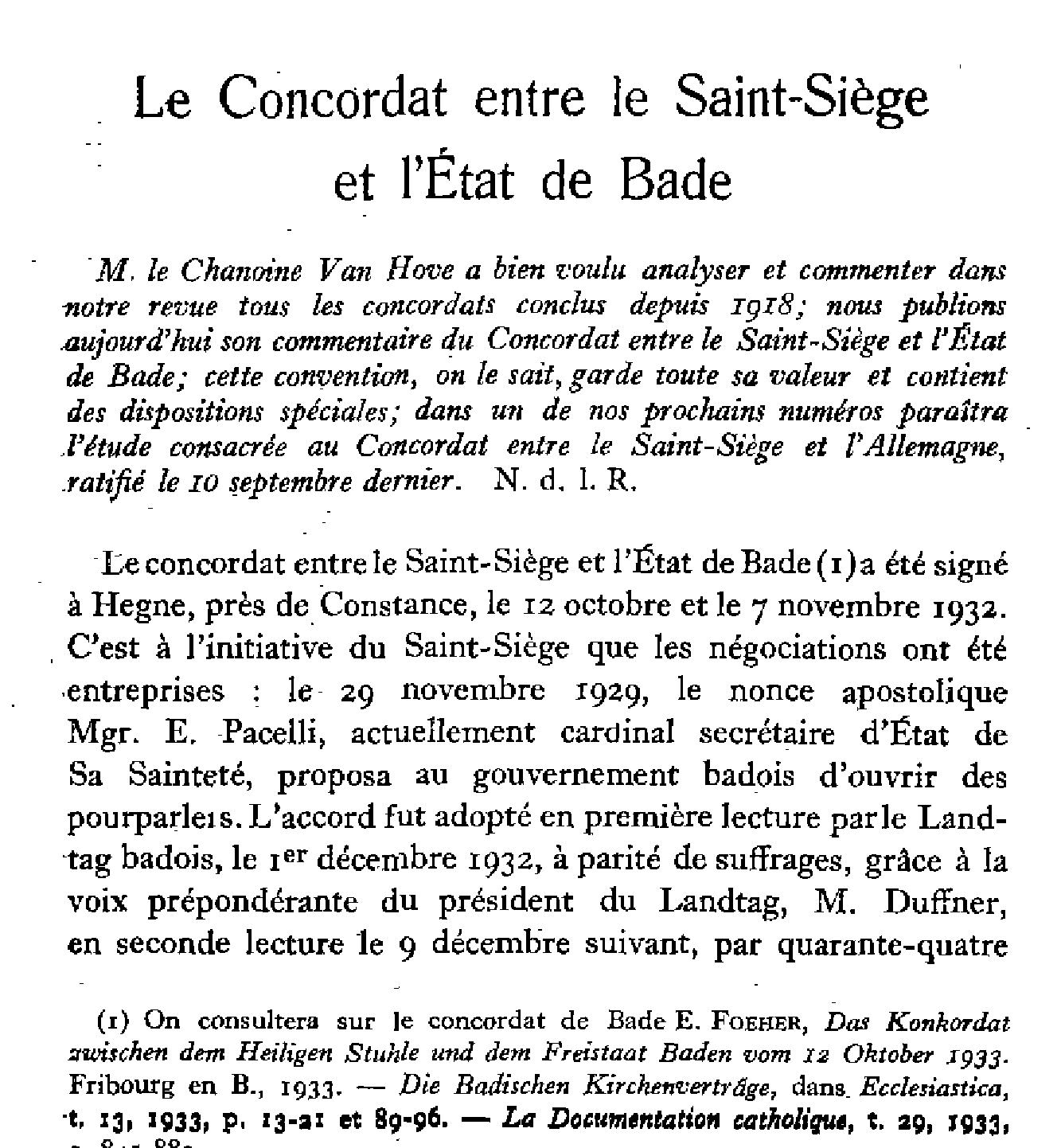 Le Concordat entre le Saint-Siège et l'Etat de Bade
